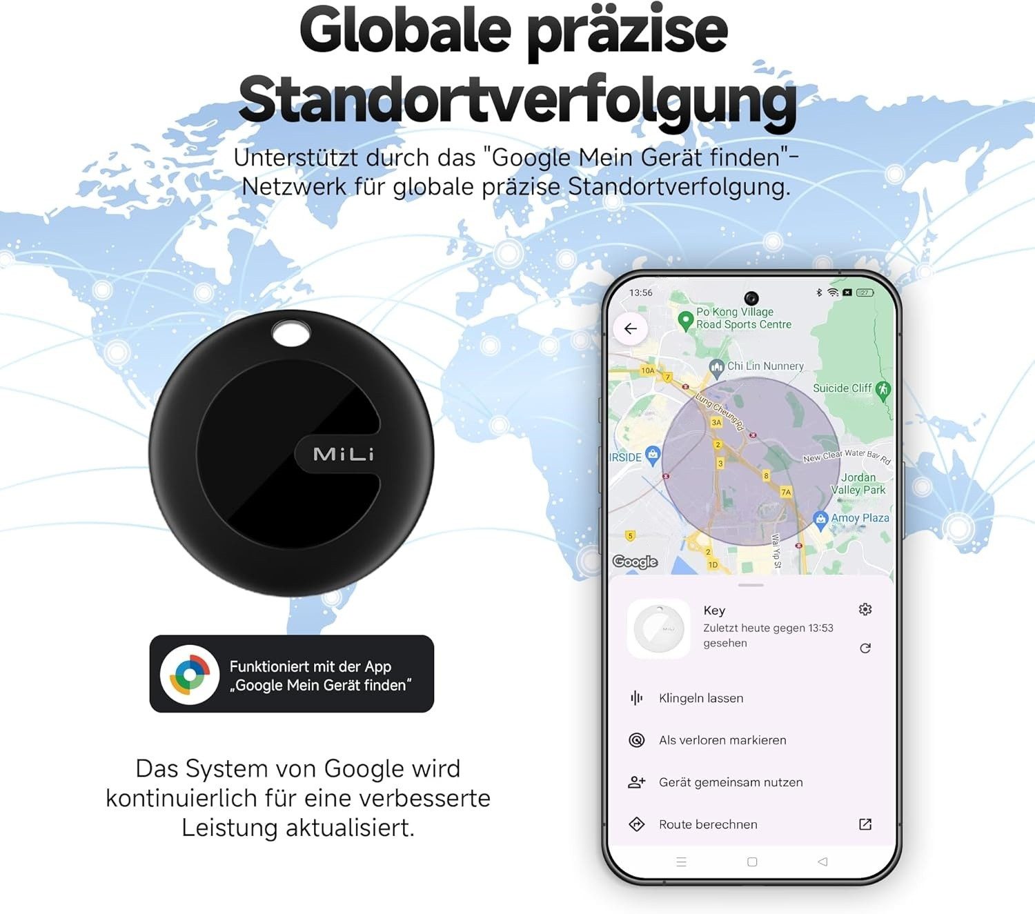 Mili SmartTag Bluetooth Tracker für Android (Google Find My Device), GPS-Tracker (Schlüsselfinder, Ortungsgerät für Auto & Koffer,Geschenkideen, Schwarz)