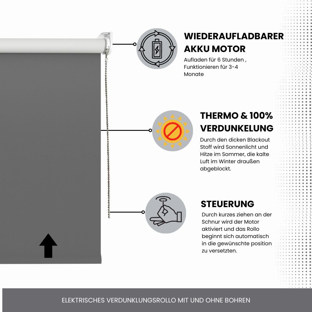 Elektrisches Rollo Verdunklungsrollo mit Zugmotor aufladbarer Motor, Plisseeonline, verdunkelnd, Fensterrahmen Montage ohne Bohren und Wand-, oder Deckenmontage möglich, freihängend, Klemmfix Fenster,- Decken oder Wandmontage, Weiß, Grau