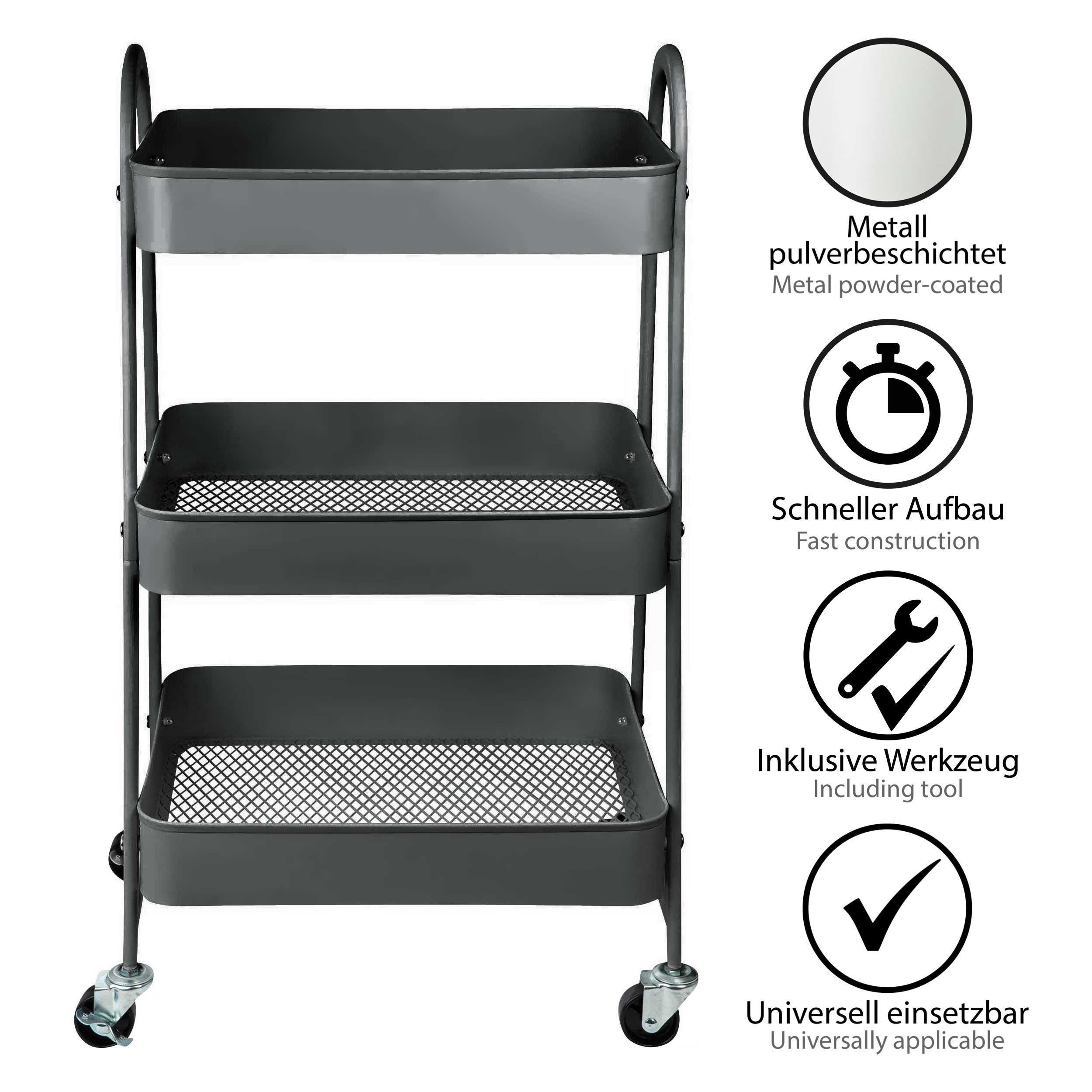 ONVAYA Beistellwagen Servierwagen, Beistellwagen, 3 Fächer, Multifunktionswagen