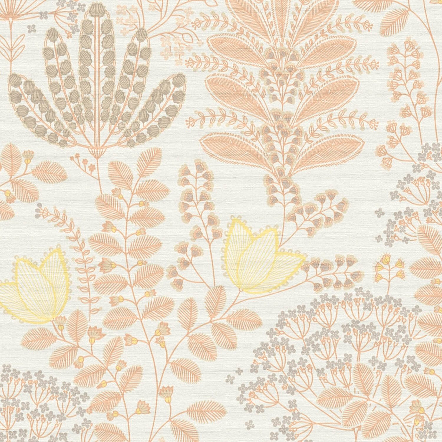 Profhome Vliestapete 393491-GU Blumen Tapete Floral matt creme creme-weiß gelb-orange, geprägt, (1 Rolle, 5,33 qm), heißgeprägte Vliestapete, altweiß