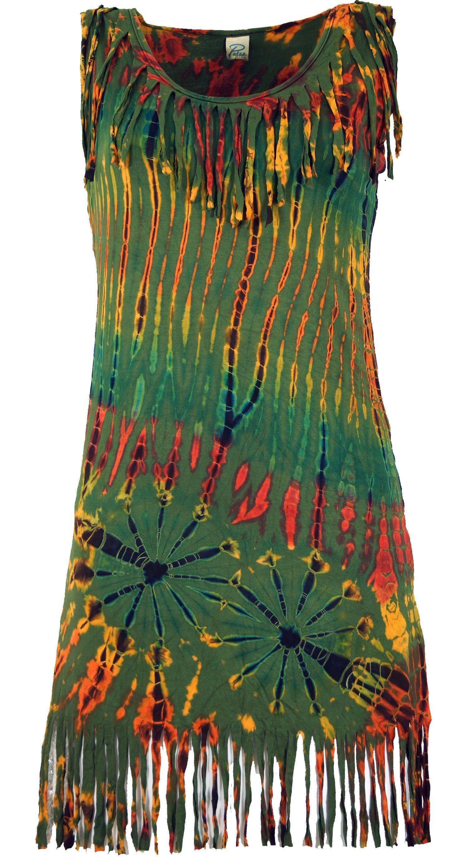 Midikleid Batik Minikleid, Unikat Boho Fransenkleid - olive