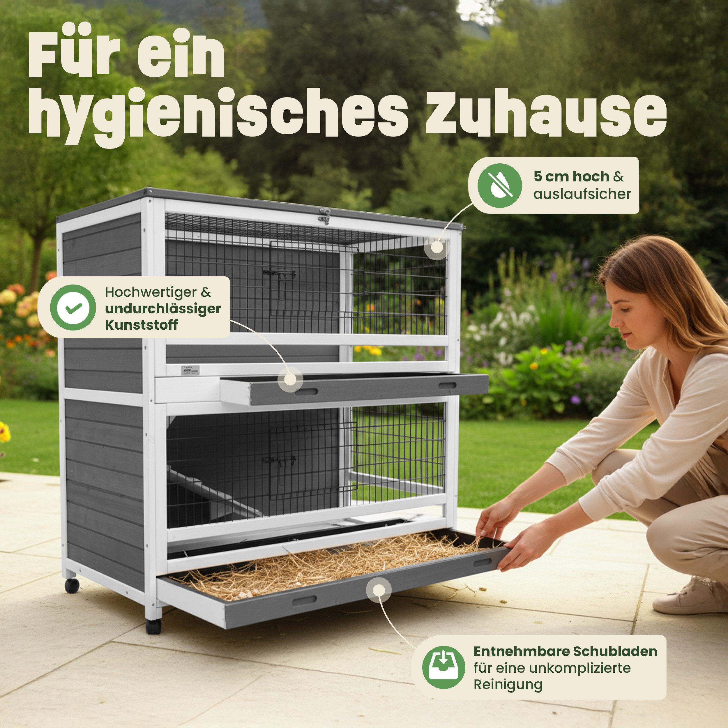Zooprinz Kleintierstall Kaninchenstall Hasenstall Oskar, Auf 4 Rollen, Winterfest, Wetterfest, Kotschublade