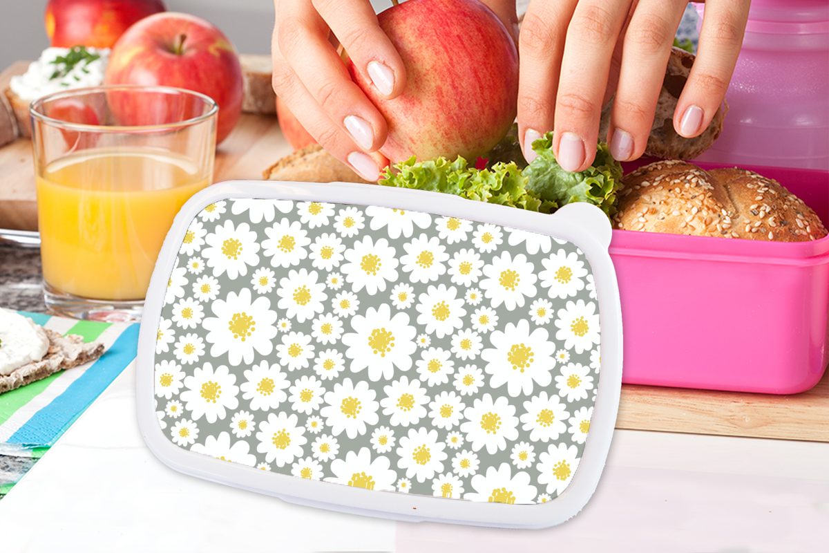 MuchoWow Lunchbox Mädchen - Gänseblümchen - Brotdose (2-tlg), Blumen Mädchen, Erwachsene, Snackbox, rosa Kunststoff, - - - Kinder Kinder, Kunststoff Brotbox für -, Muster Weiß Mädchen 