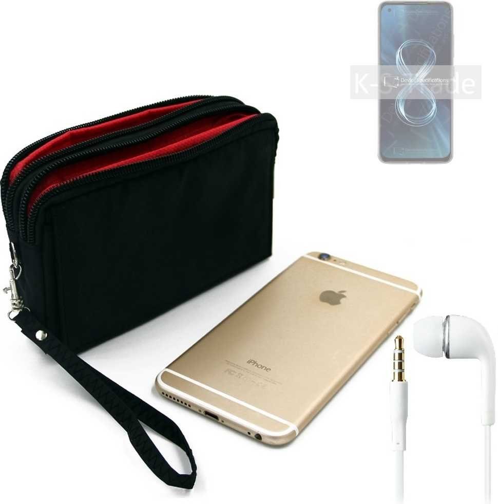 K-S-Trade Handyhülle für Asus Zenfone 8, TOP SET Handy Hülle Gürteltasche schwarz + Kopfhörer Travel Bag