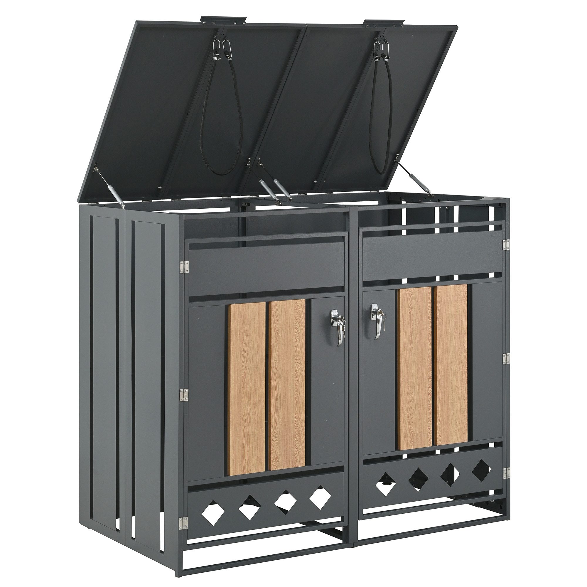 Refined Living Mülltonnenbox Mülltonnenbox für 2/4 Tonnen Stahl, Schloss, Holzoptik, wetterfest (Mülltonnenbox für 2 Tonnen, 132x80x124,5 cm, Stahl verzinkt, Holzoptik vertikal, 1 St., abschließbar, Rautenbelüftung, Pflanzfläche), Outdoor Garten Terrasse Hof, Mülltrennung, wetterfest