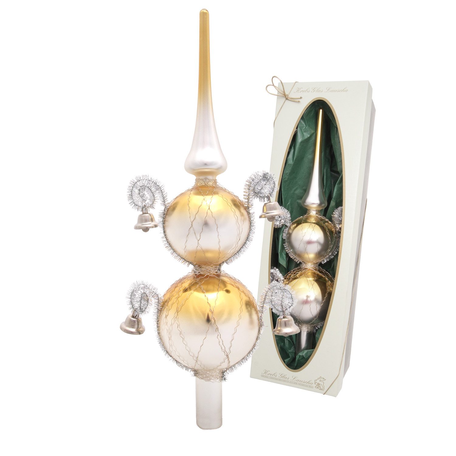Krebs Glas Lauscha Christbaumspitze silber/gold Doppelspitze - mit festlicher Deko - ca. 33cm - aus Glas, strahlende Dekoration für den Weihnachtsbaum - Made in Germany
