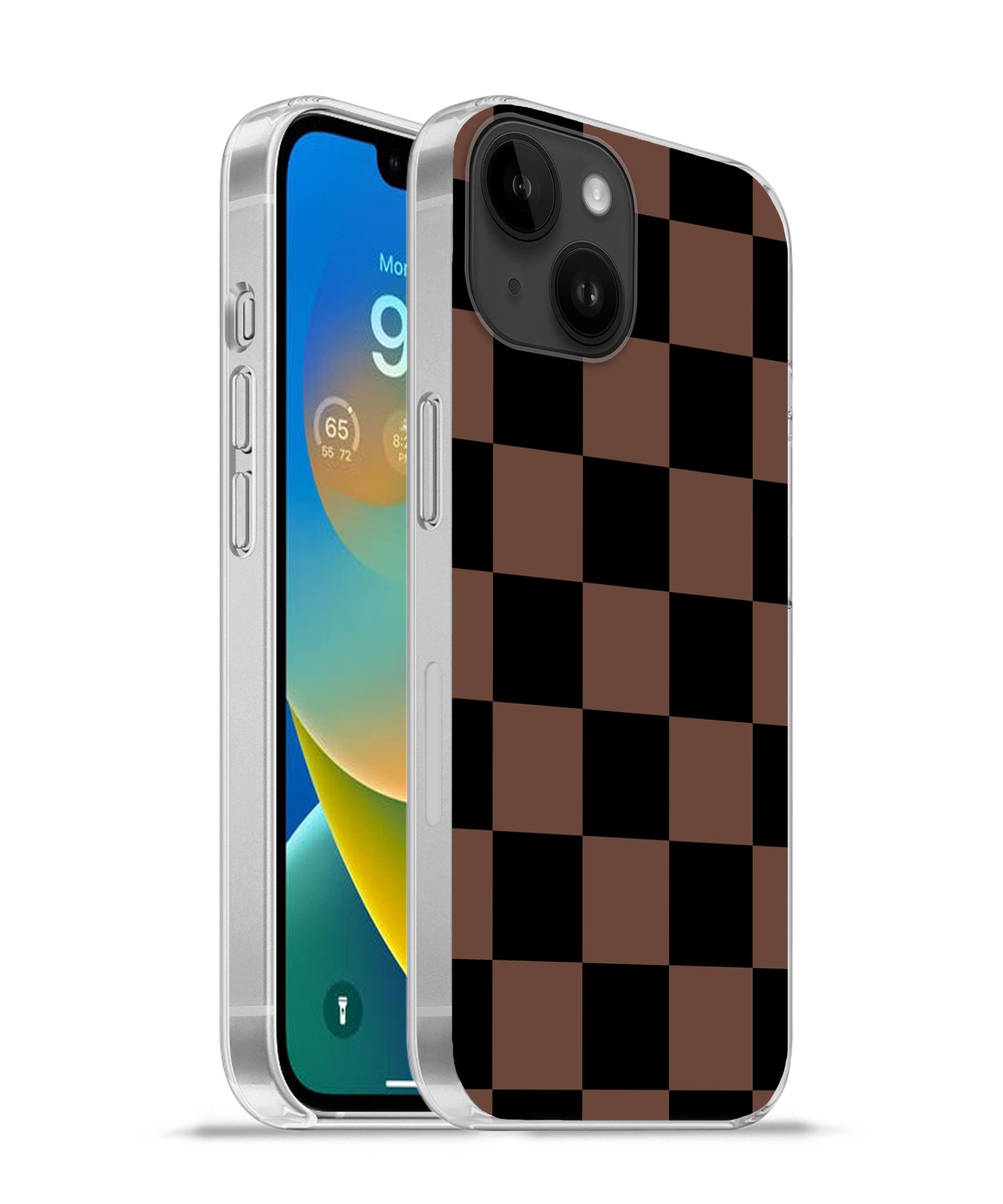 MuchoWow Handyhülle für Apple iPhone 14 Schachbrettmuster - Braun - Schwarz - Blöcke, Smartphone-Bumper, Print, Handy Schutzhülle Dünn