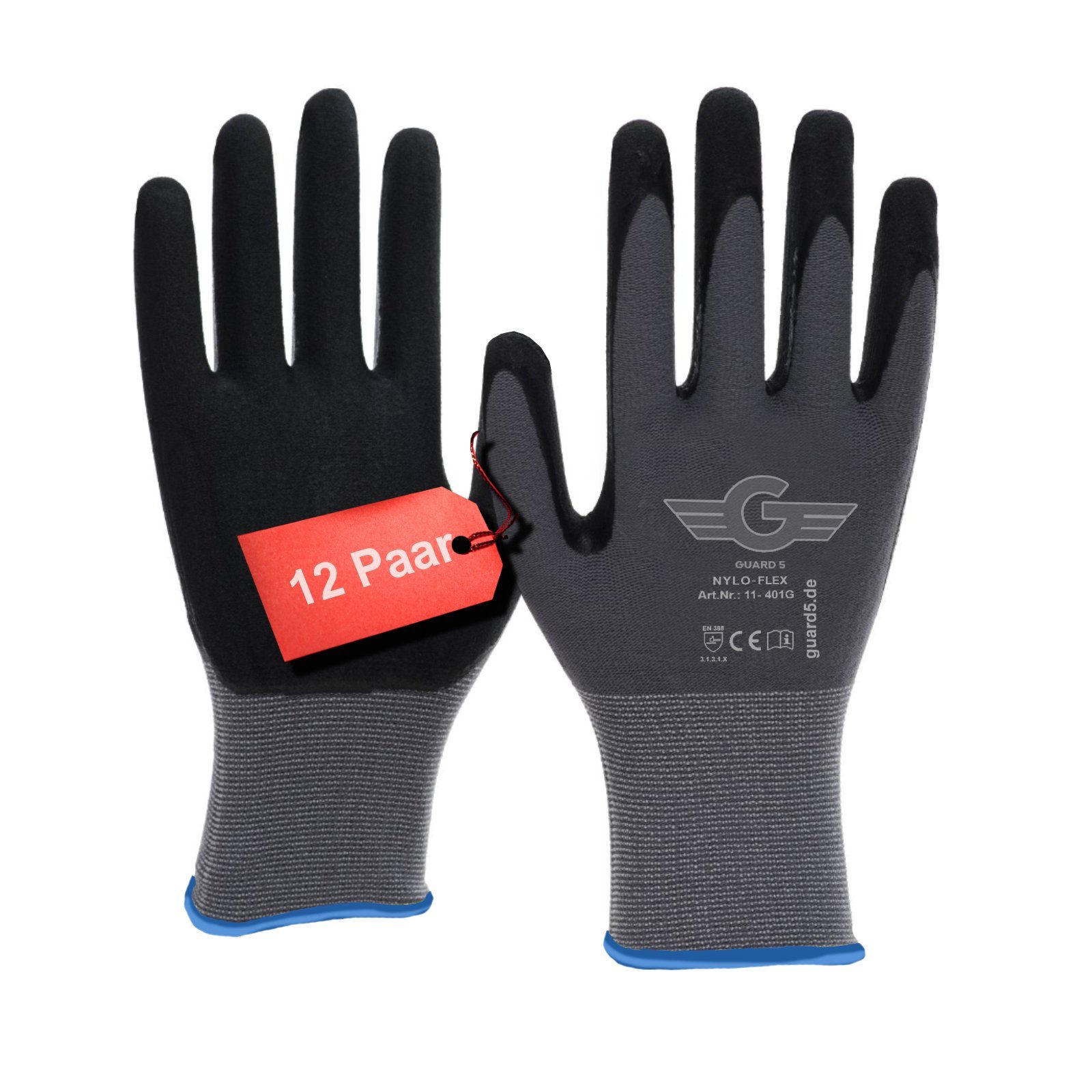 GUARD 5 Arbeitshandschuhe 5/12/24 Paar - geeignet für Bau, Montage, Gartenarbeiten (Art.11401) (12-St) Latex Beschichtet