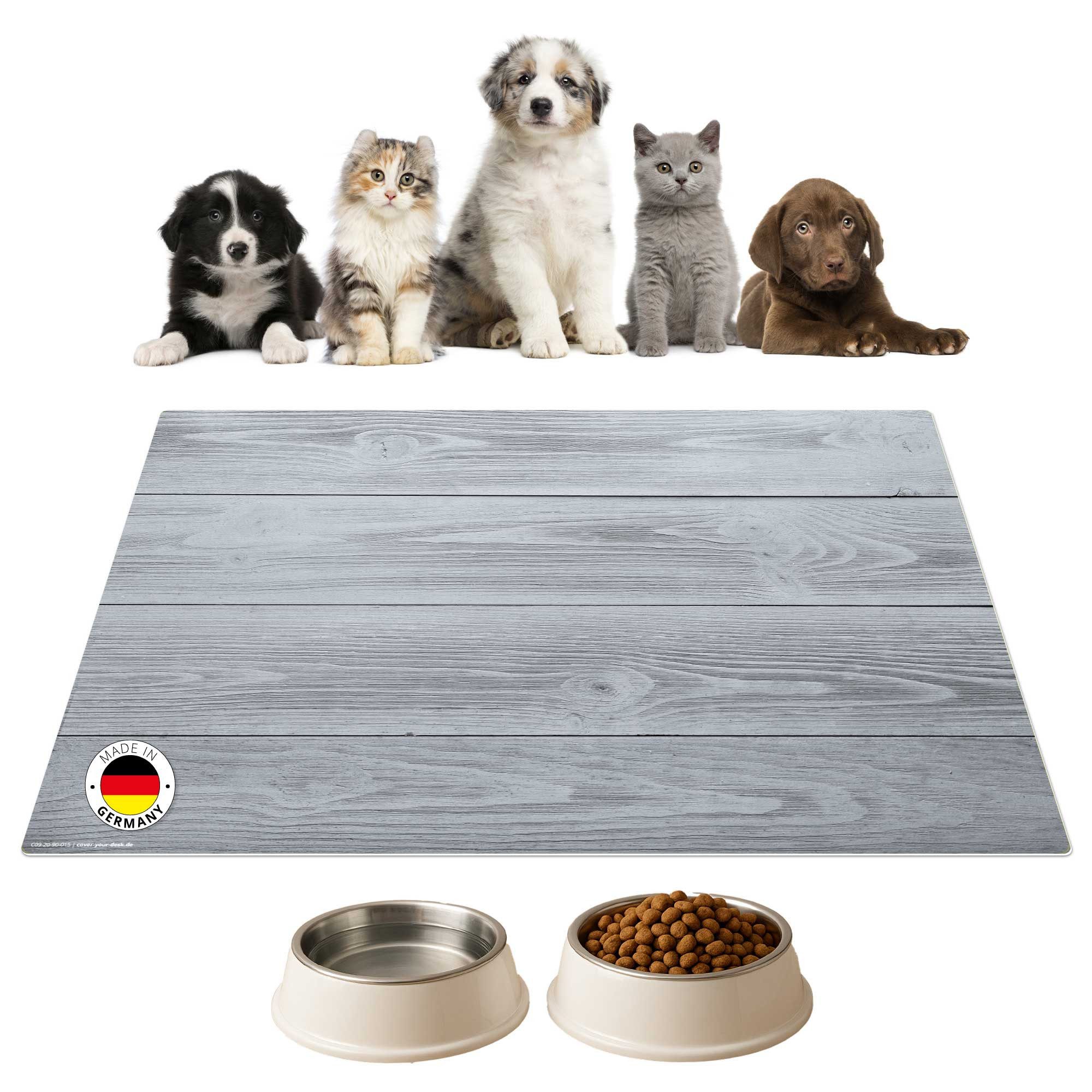 cover-your-desk.de Napfunterlage für Hunde & Katzen „Graue Holzbretter HIntergrund“ - aus Premium-Vinyl, 1-St., rutschhemmend, abwaschbar, reißfest, Made in Germany