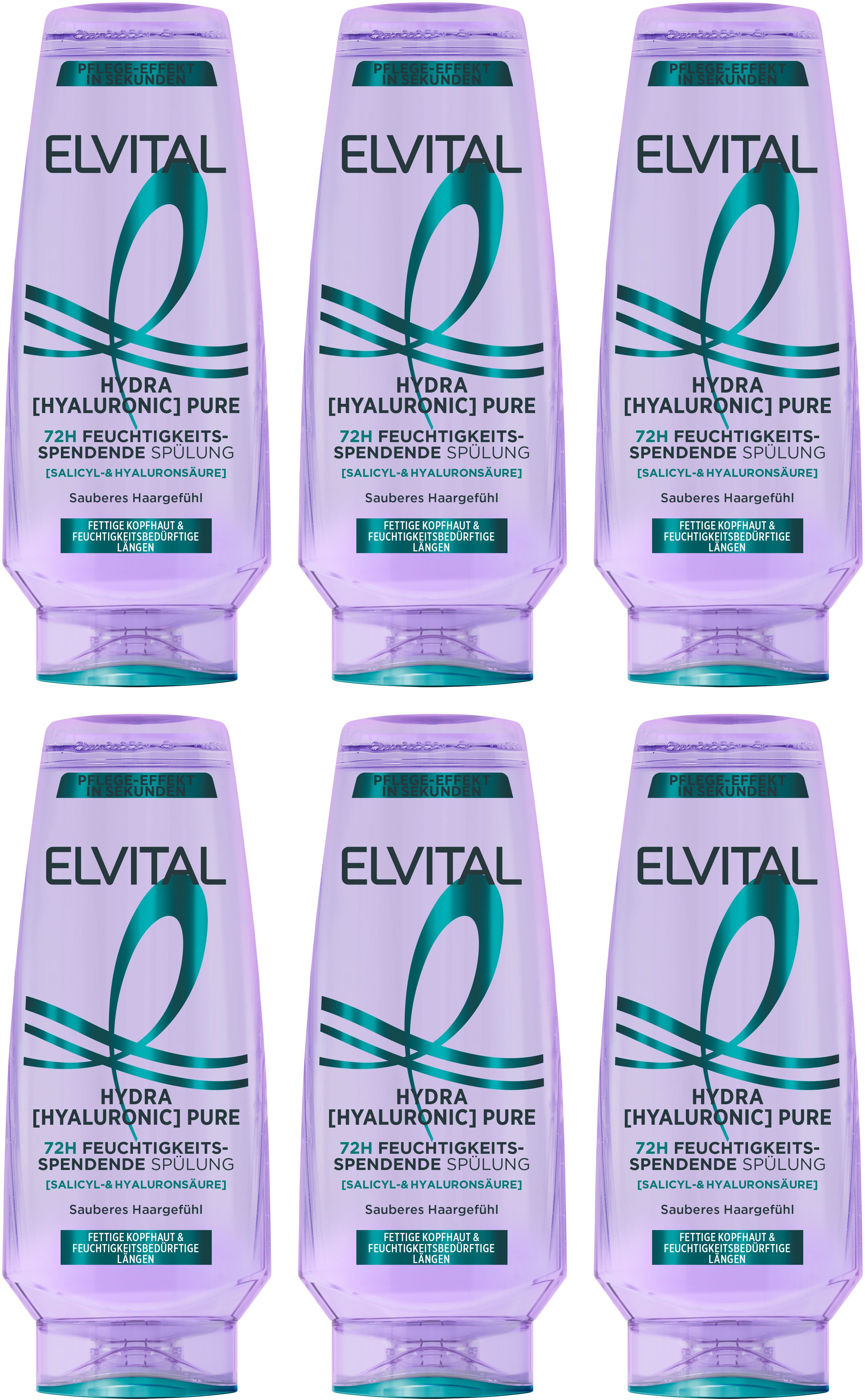 L'ORÉAL PARIS Haarspülung L'Oréal Paris Elvital Hydra [Hyaluronic] Pure Spülung, Packung, 6-tlg., Bis zu 72h Feuchtigkeit für Längen dank Salicyl- und Hyaluronsäure.