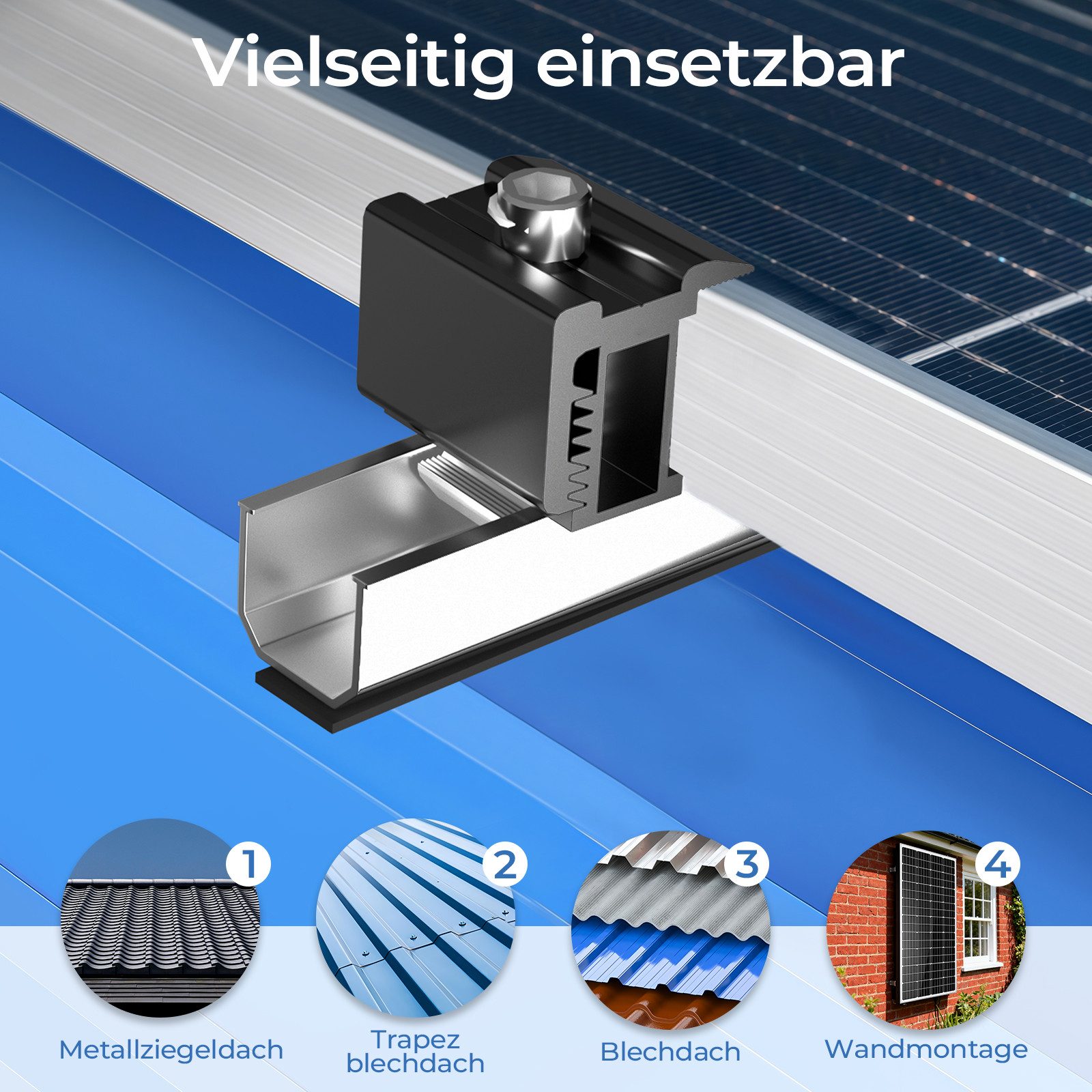 GLIESE Balkonkraftwerk Solarpanel Halterung Befestigungsschiene Trapezblech Flachdach Montage, (Set, Führungsschienen, Gummi-Abstandshalter, Druckklemmen), Korrosionsbeständig, Rostgeschützt