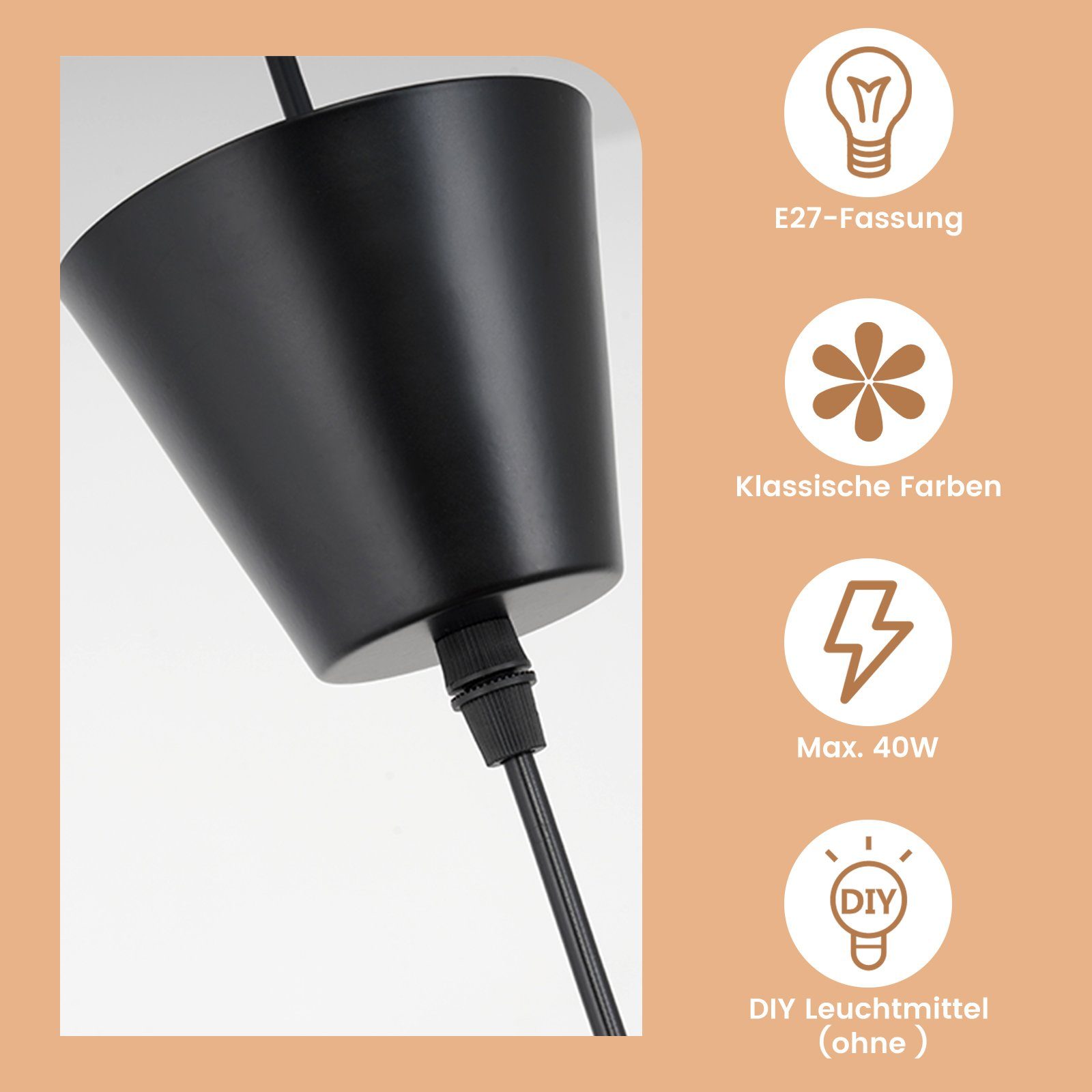 ZMH LED Pendelleuchte Modern - Schwarz E27 für Esszimmer 60/80/100/120/140cm, ohne Leuchtmittel, Max 40W E27 – Bild 4 von 5