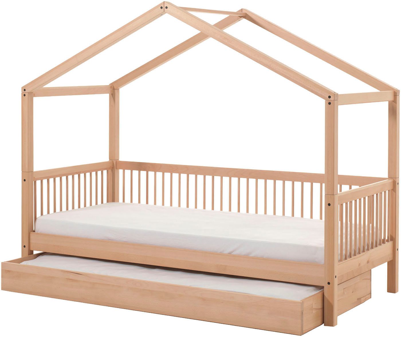 Vipack Hausbett Forrest mit hochwertiger und stabiler Verarbeitung, Made in Europe (Buche massiv natur, 90/200 cm, inkl. Bettschublade auf Rollen), wahlweise ohne oder mit Textilhimmel