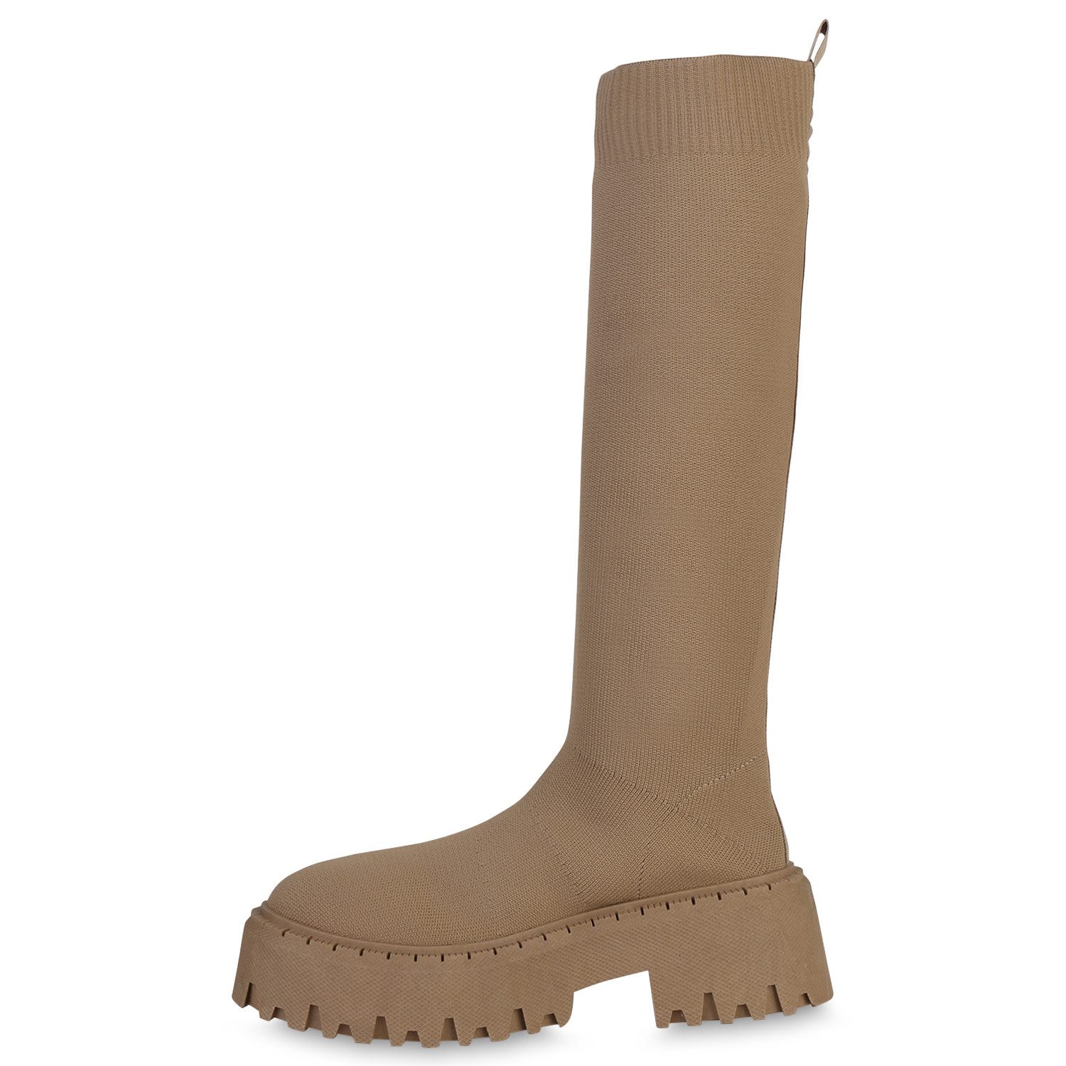 VAN HILL 839550 Plateaustiefel Damen Plateaustiefel Stiefel Blockabsatz Strick Profil-Sohle Schuh