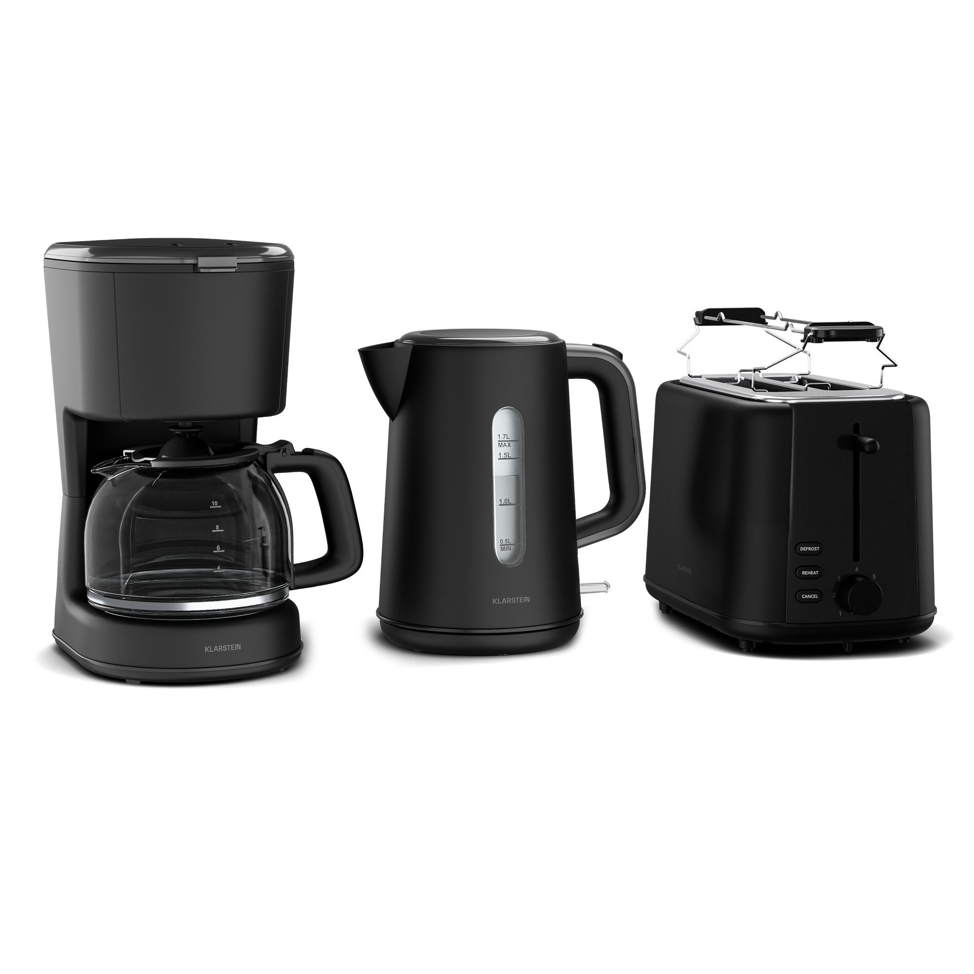 Klarstein Frühstücks-Set Velaire (3-tlg), Toaster 800W Wasserkocher 1,7 L 2200W Kaffeemaschinen 900W Schwarz