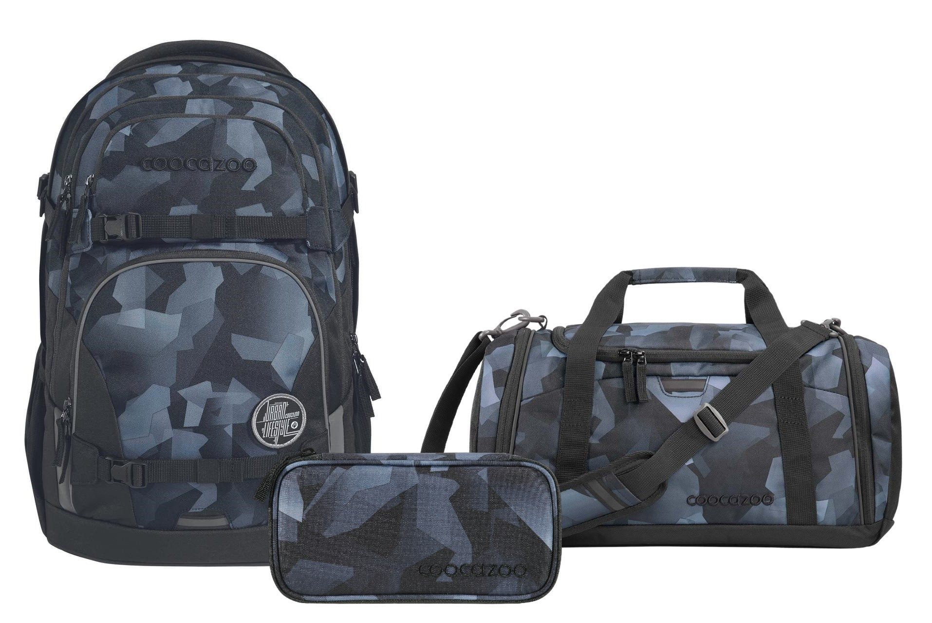 coocazoo Schulranzen Schulrucksack-Set PORTER Grey Rocks 3-teilig (Rucksack, Mäppchen, Sporttasche), ergonomisch, Körpergröße: 135 - 180 cm, reflektiert