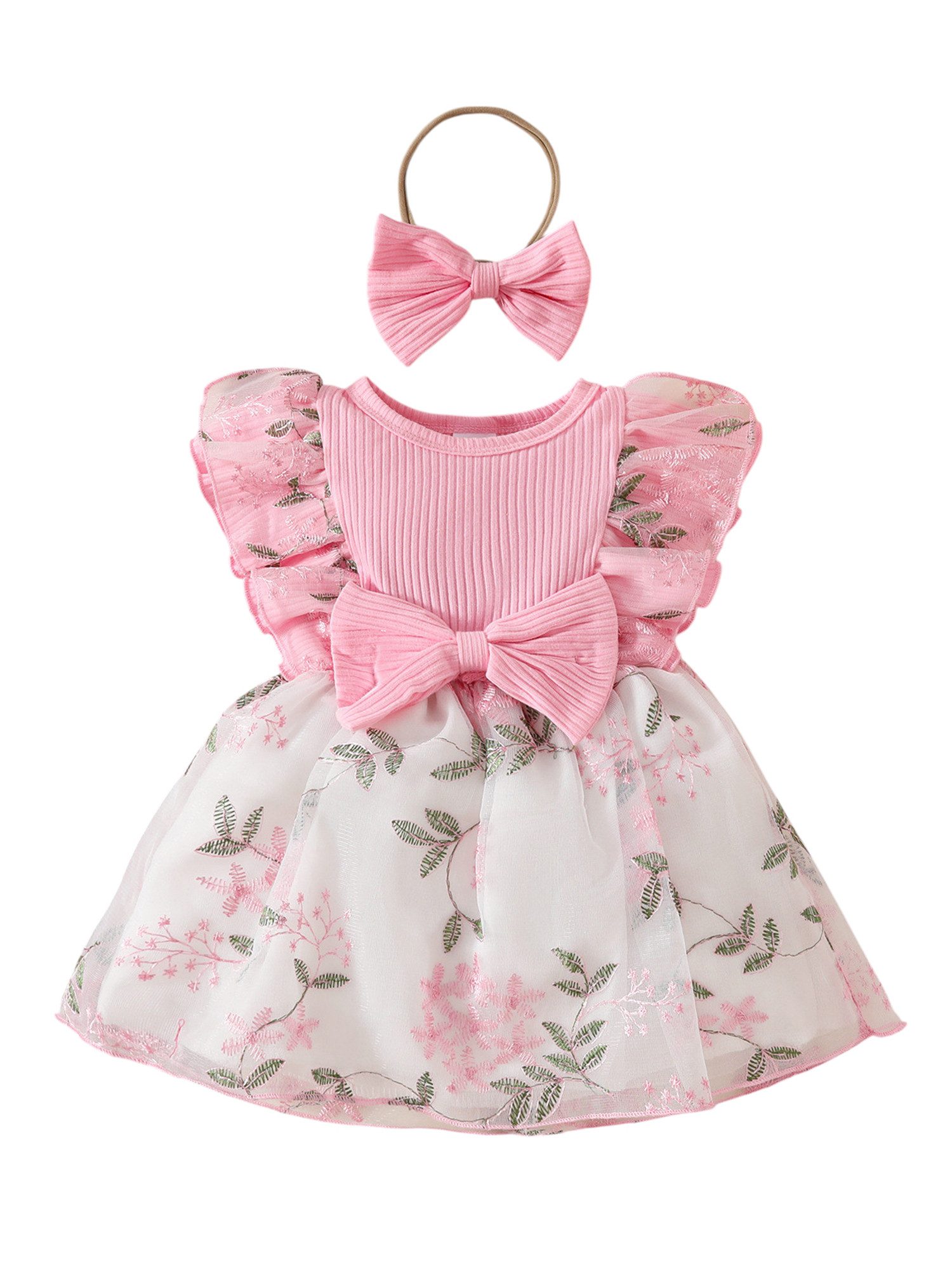 Lapastyle A-Linien-Kleid Sommeroutfit für Baby-Mädchen, Ärmellos Meshkleid mit Rüschen (Set, (2-tlg, Kleid & Haarband) Saum mit Blumenstickerei, Blumenmädchenkleid, für Party, Hochzeit