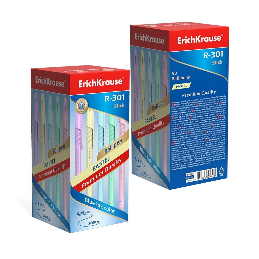 Erich Krause Pack Pastell 0.7 Kugelschreiber, Tinte Kunststoff Kugelschreiber Stick R-301 Blau 50er