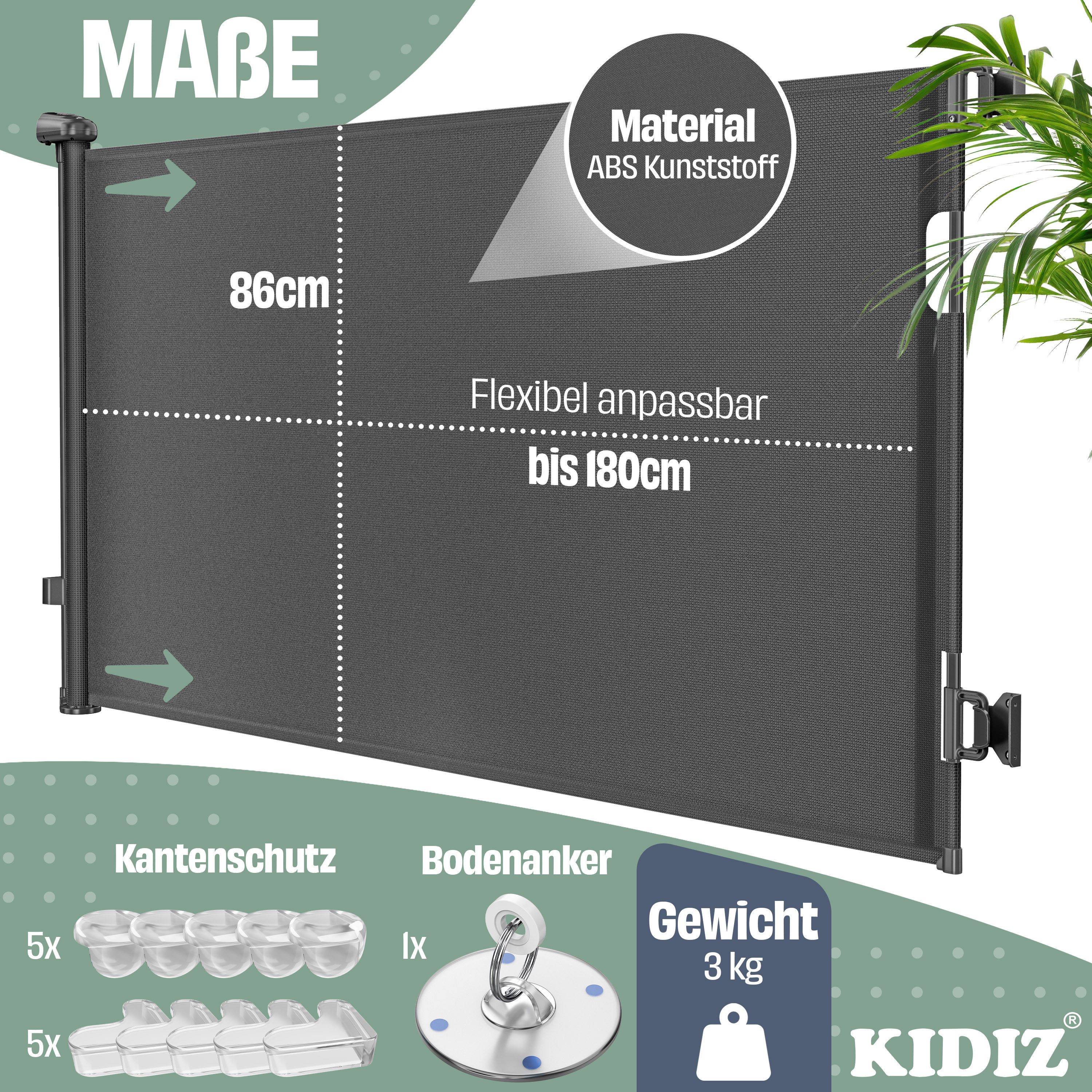 KIDIZ Türschutzgitter Treppenschutzgitter ausziehbar bis 180cm für Kinder, Babys & Haustiere (Schutzgitter für Treppen & Türen inkl. Bodenanker & Montagezubehör), Raumtrennung Absperrgitter kindersicheres Treppengitter