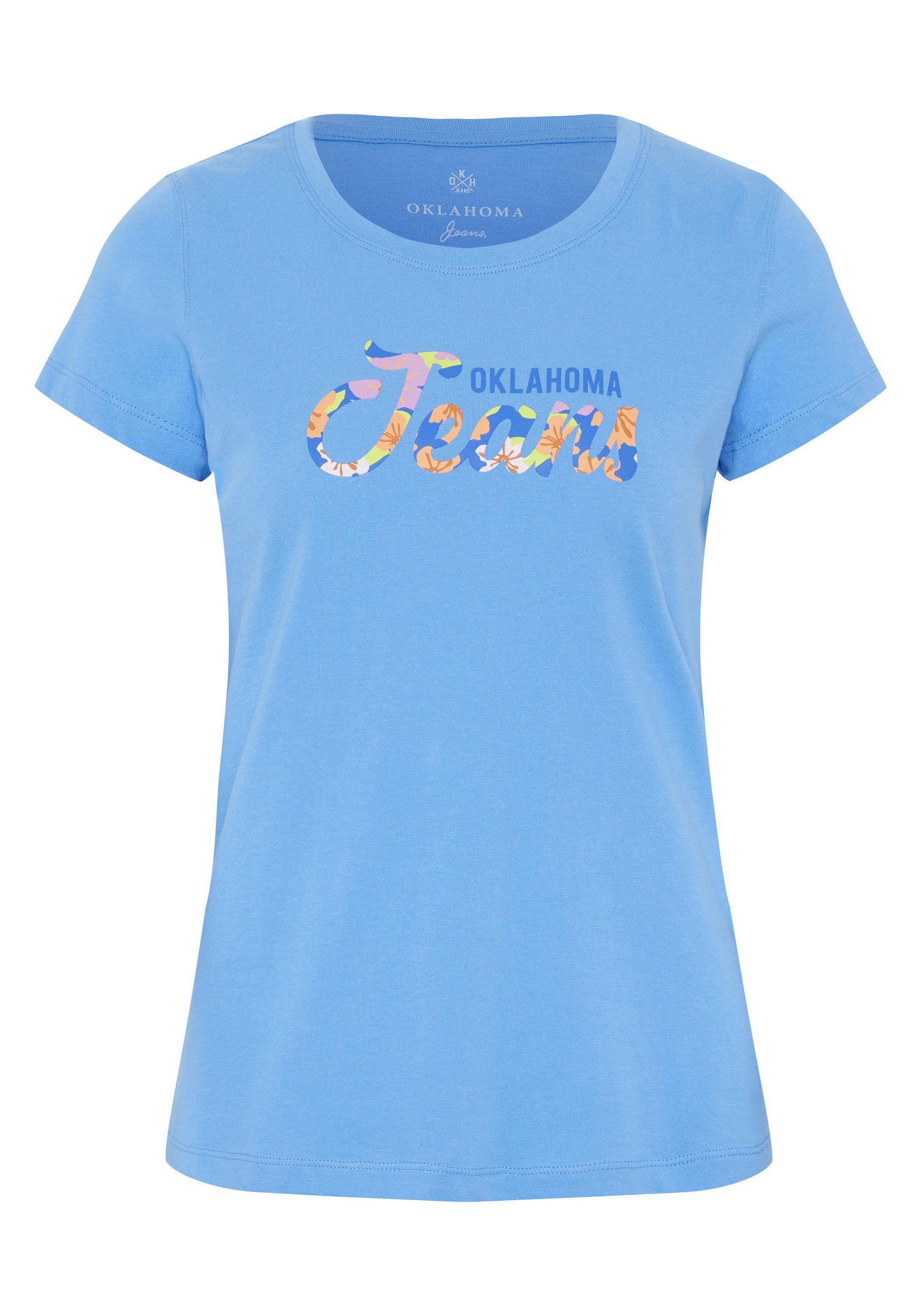 Oklahoma Jeans Print-Shirt mit floralem Label-Akzent 17-4139 Azure Blue