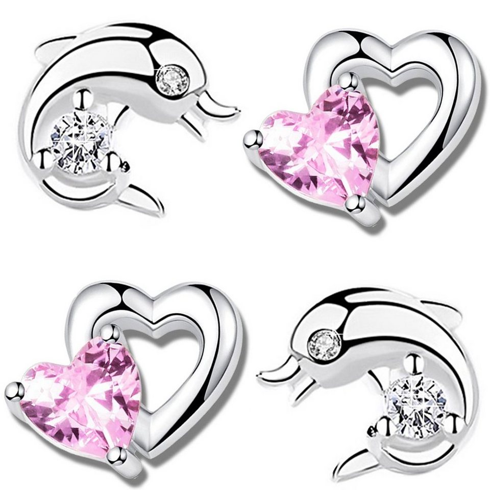 Limana Paar Ohrstecker 2er Set echt 925 Sterling Silber Ohrringe Delfin  Delphin Herz rosa, kleine Kinder Mädchen Damen Frauen Schmuck