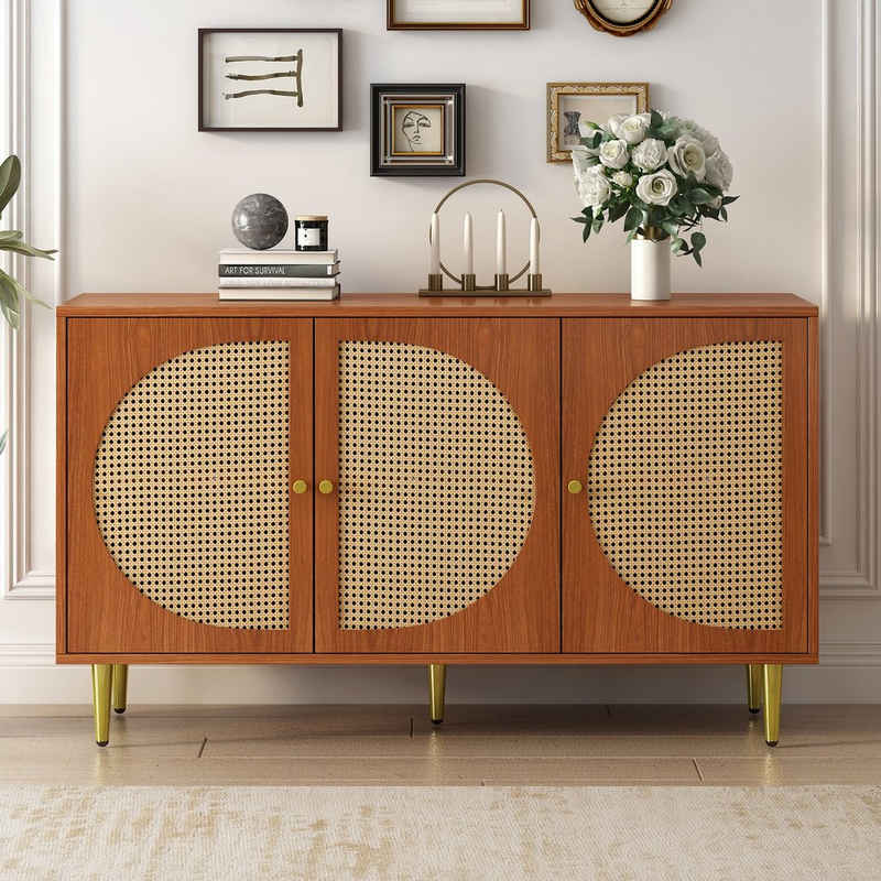 Merax Sideboard im Vintage-Stil mit 6 Fächern, Kommode mit 3 Rattan-Türen und Metallbeine, Breite 130cm