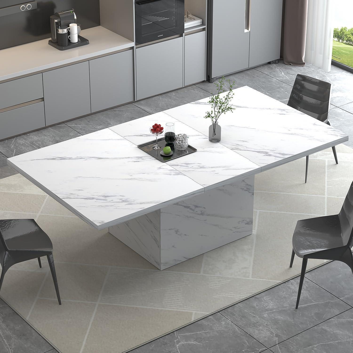 LuxusKollektion Esstisch Esstisch Säulentisch Holz Marmoroptik Weiß 200 x 80 x 76 cm Weiß