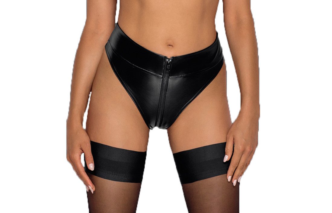 Slip Damen Dessous Wetlook Slip in schwarz mit 2-Wege-Reißverschluss zum öf