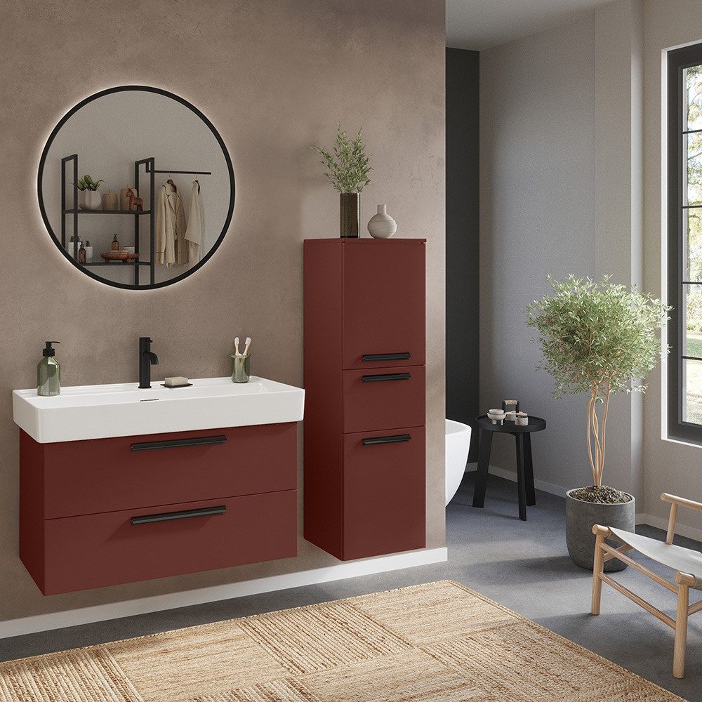 Lomadox Badmöbel-Set ATELLA-03, (Spar-Set, 3-St., Waschtisch Spiegel Midischrank), in rot, mit 100 cm, Keramik-Waschbecken, Breite 100 cm, LED-Spiegel