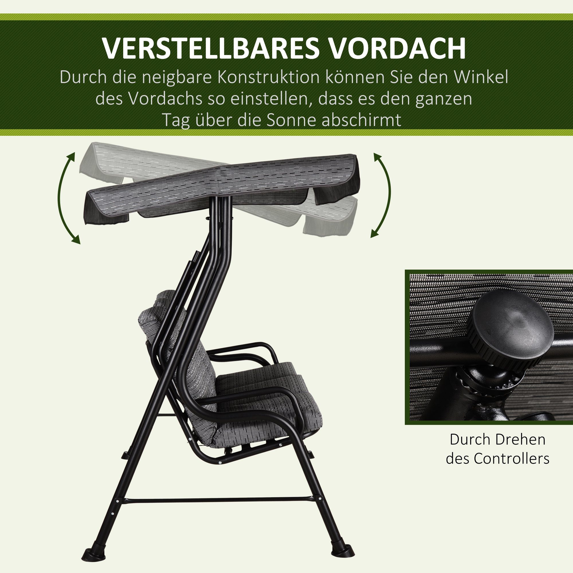 Outsunny Hollywoodschaukel Gartenschaukel mit Sonnendach, 3-Sitzer, Bettfunktion, Hollywoodschaukel, 1 tlg., Gartenschaukel, für Garten, Balkon, Schwarz