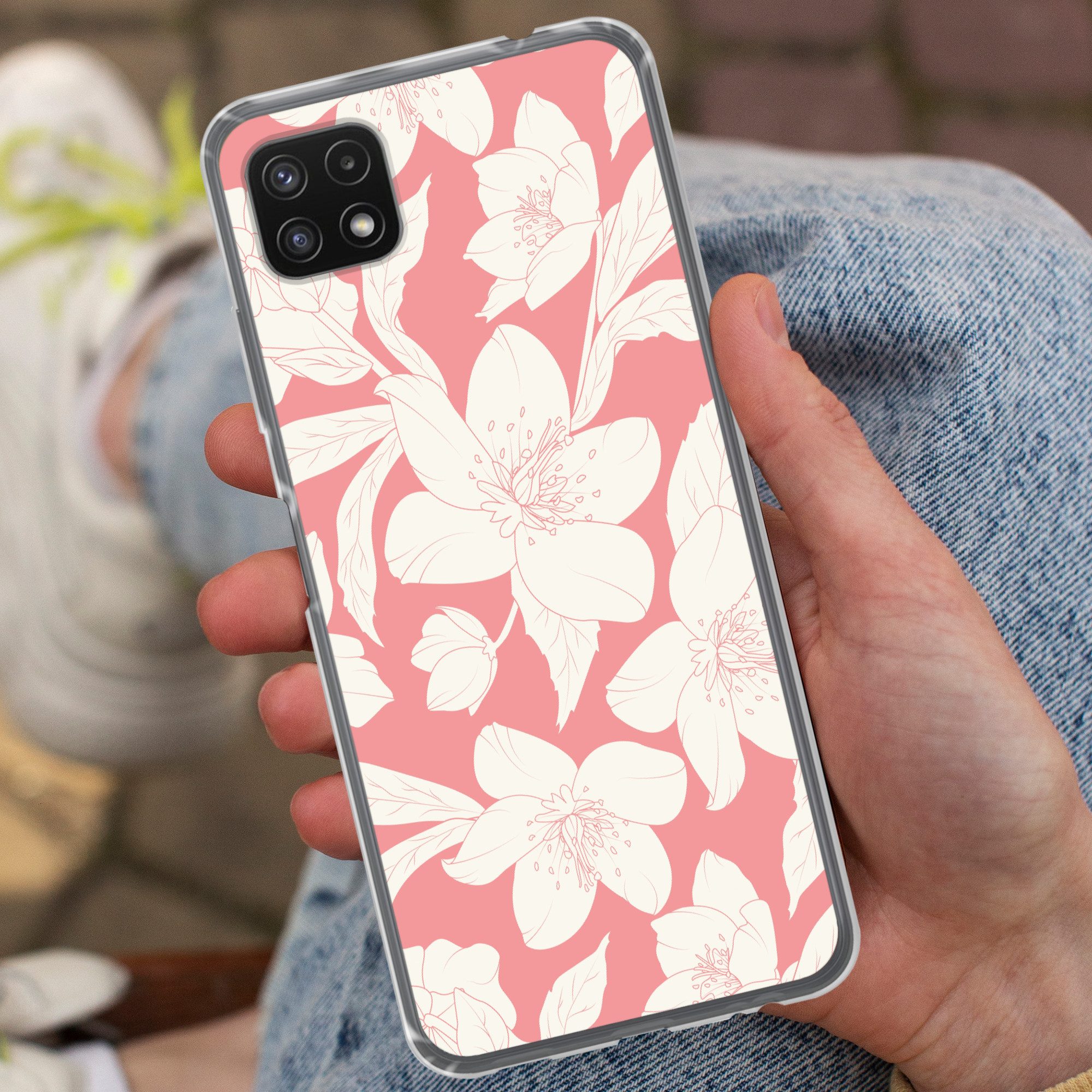MuchoWow Handyhülle für Samsung Galaxy A22 5G Blumen - Muster - Rosa - Weiß, Smartphone-Bumper, Print, Handy Schutzhülle Dünn