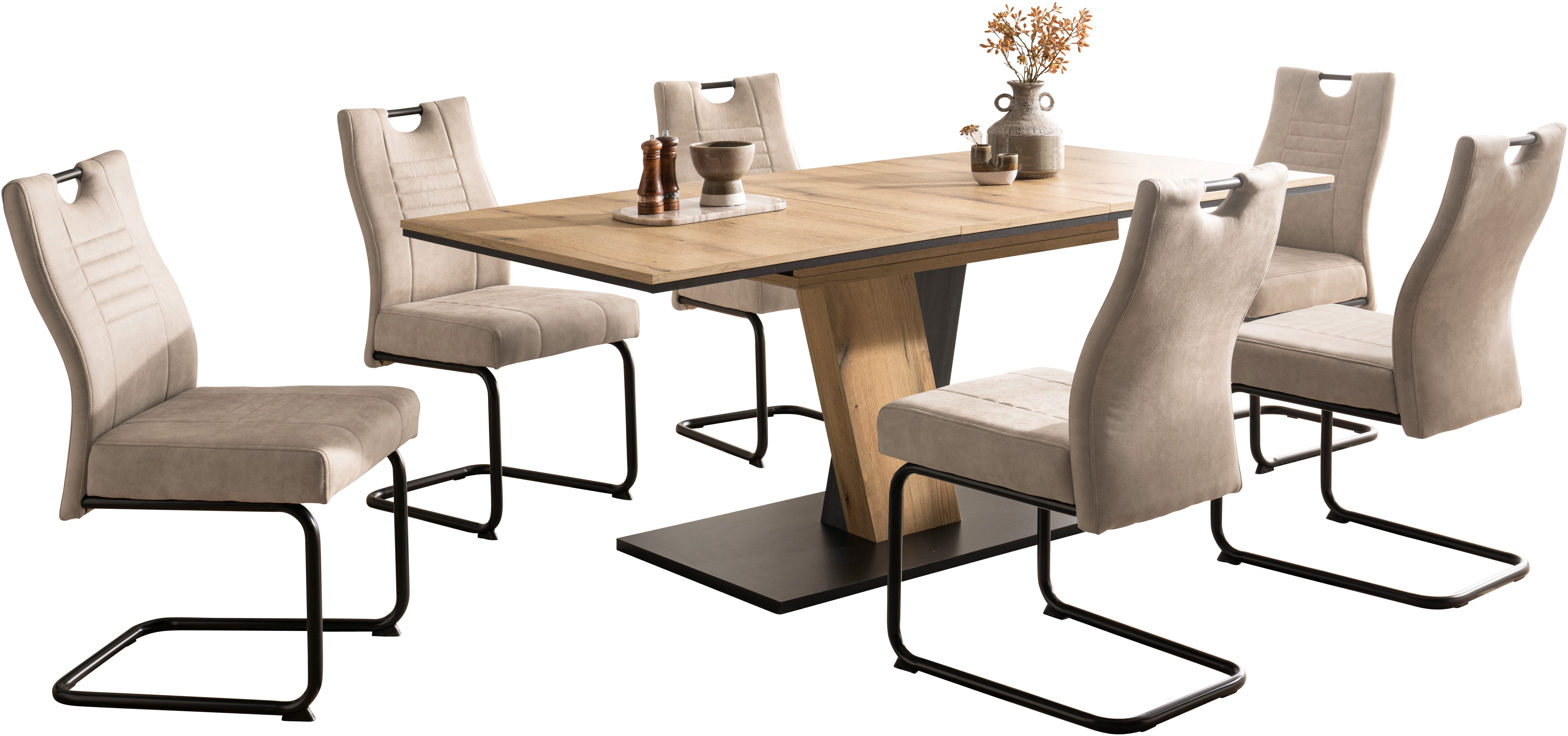 OTTO home Essgruppe "Altona", Esstisch ausziehbar plus 6 Stühle, TOPSELLER!, (7-tlg., Esstisch ausziehbar 140 - 180 cm, 6 Freischwinger), Säulentisch 140-180x90 cm, Stuhl mit Federkorb, 140 kg belastbar