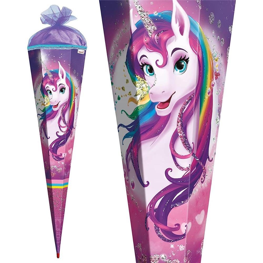 Roth Schultüte Einhornportrait mit Glitzer, 85 cm, eckig, lilafarbiger Tüllverschluss, Zuckertüte für Schulanfang