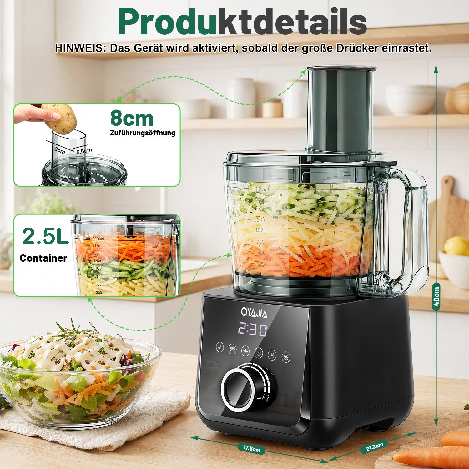 oyajia Küchenmaschine Mixer Kombination, 2,5L Zerkleinerer für Fleisch, Gemüse und Teig, 2L Standmixer mit Glasbehälter, 11 Geschwindigkeitsstufen&Pulsfunktion  – Bild 4 von 5