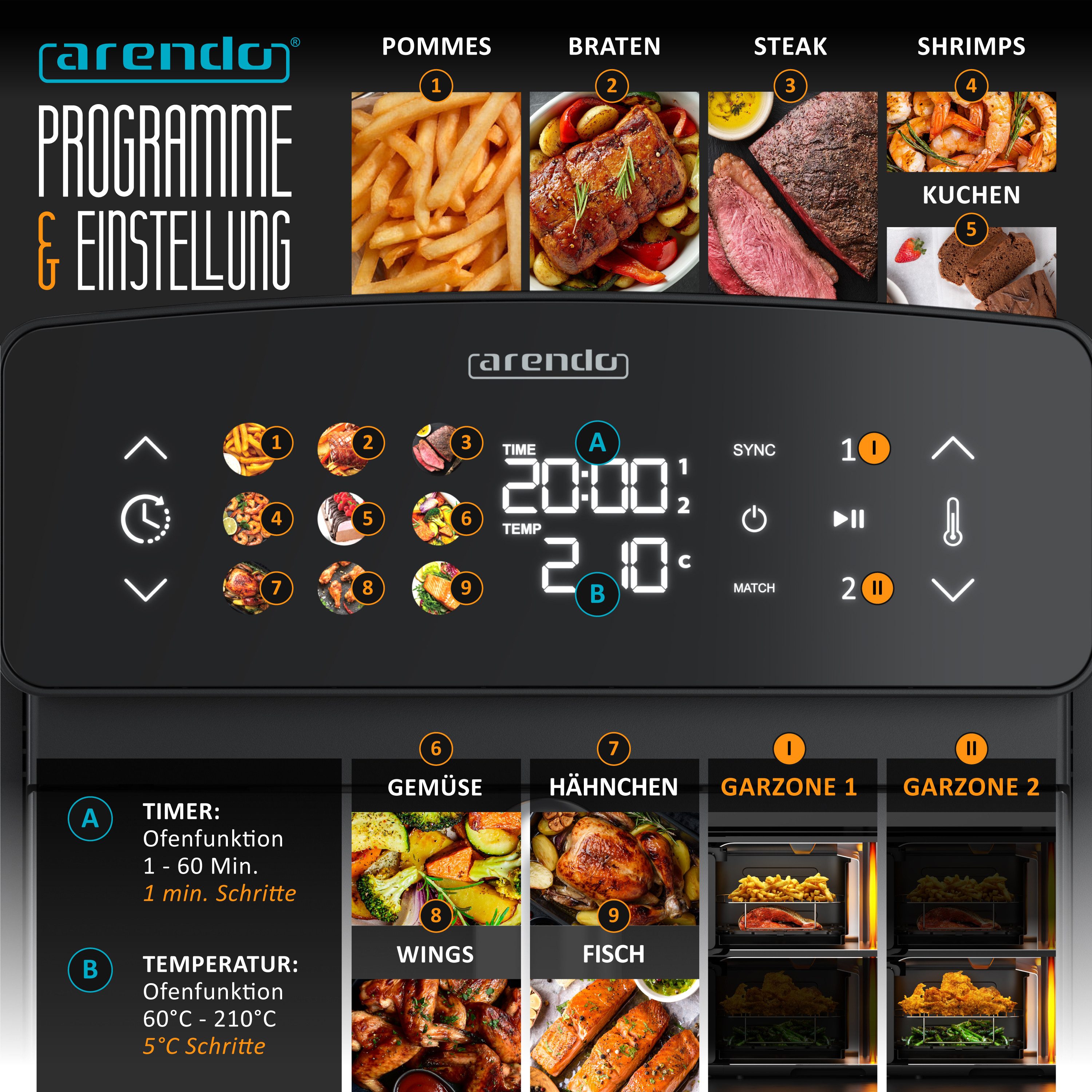 Arendo Heißluftfritteuse mit 2 Kammern Übereinander, XXL Doppelkammer Airfryer 11L, Dual Zone, 2400 W, mit Zubehör, Umluft Backofen, Edelstahl, fettarmes gesundes Kochen