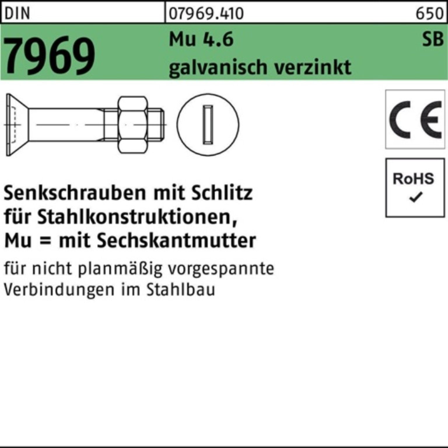 DIN 4.6 7969 Schlitz/Mutter 100er galv.verz Senkschraube 110 Senkschraube Pack Reyher M24x