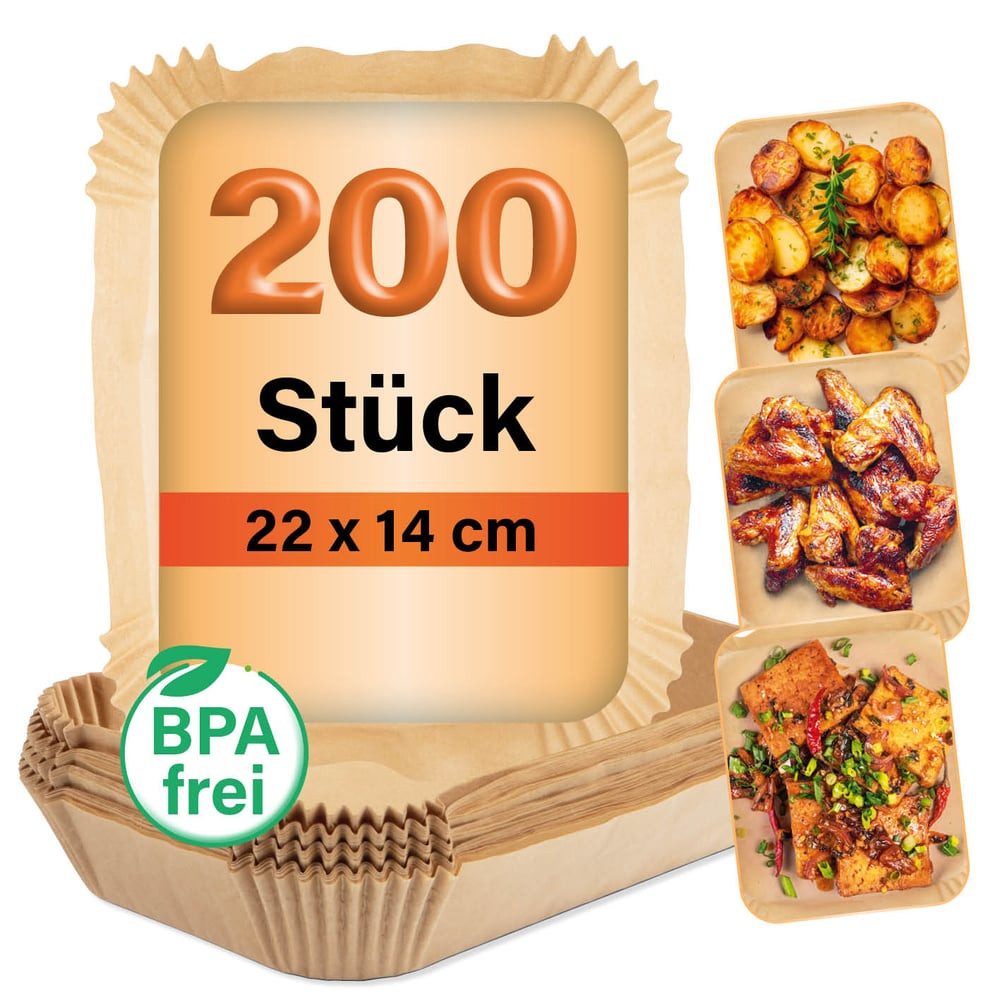 GOURMETmaxx Backpapier für Doppelkorb-Airfryer - 200 Stück – 22 x 14 x 4,5cm, Airfryer Heißluftfritteuse Einwegschalen Baking Paper