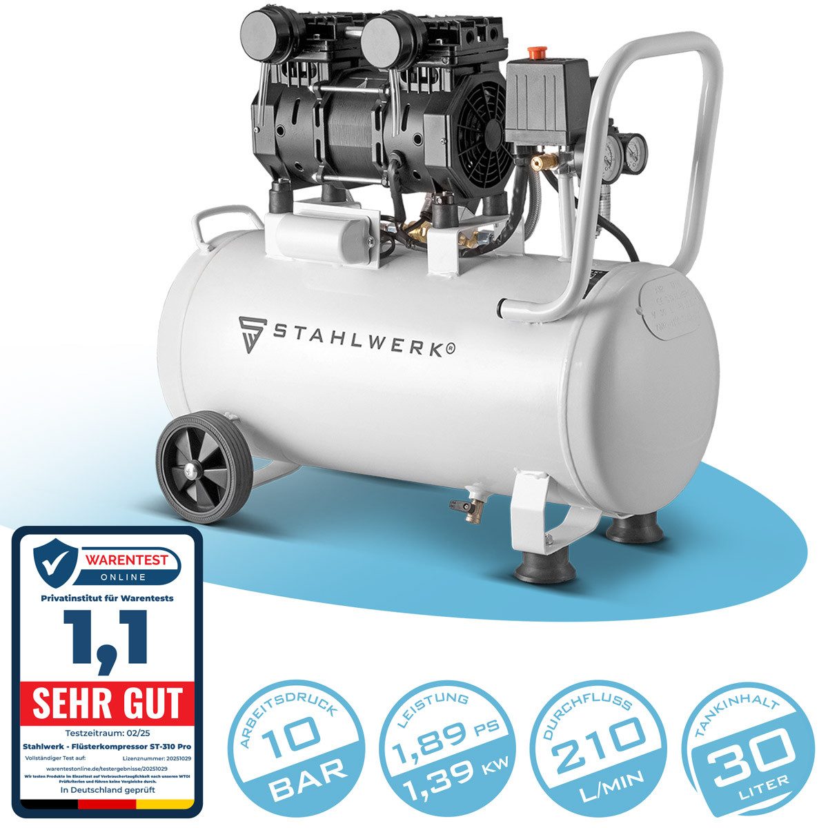 STAHLWERK Kompressor Kompressor ST-310 Pro mit 10 bar, 2,1 PS, 1,6 kW, 1600 W, max. 10 bar, 30 l, Gerät, 1-tlg., Einzelgerät, Flüster-Kompressor mit Brushless-Motoren