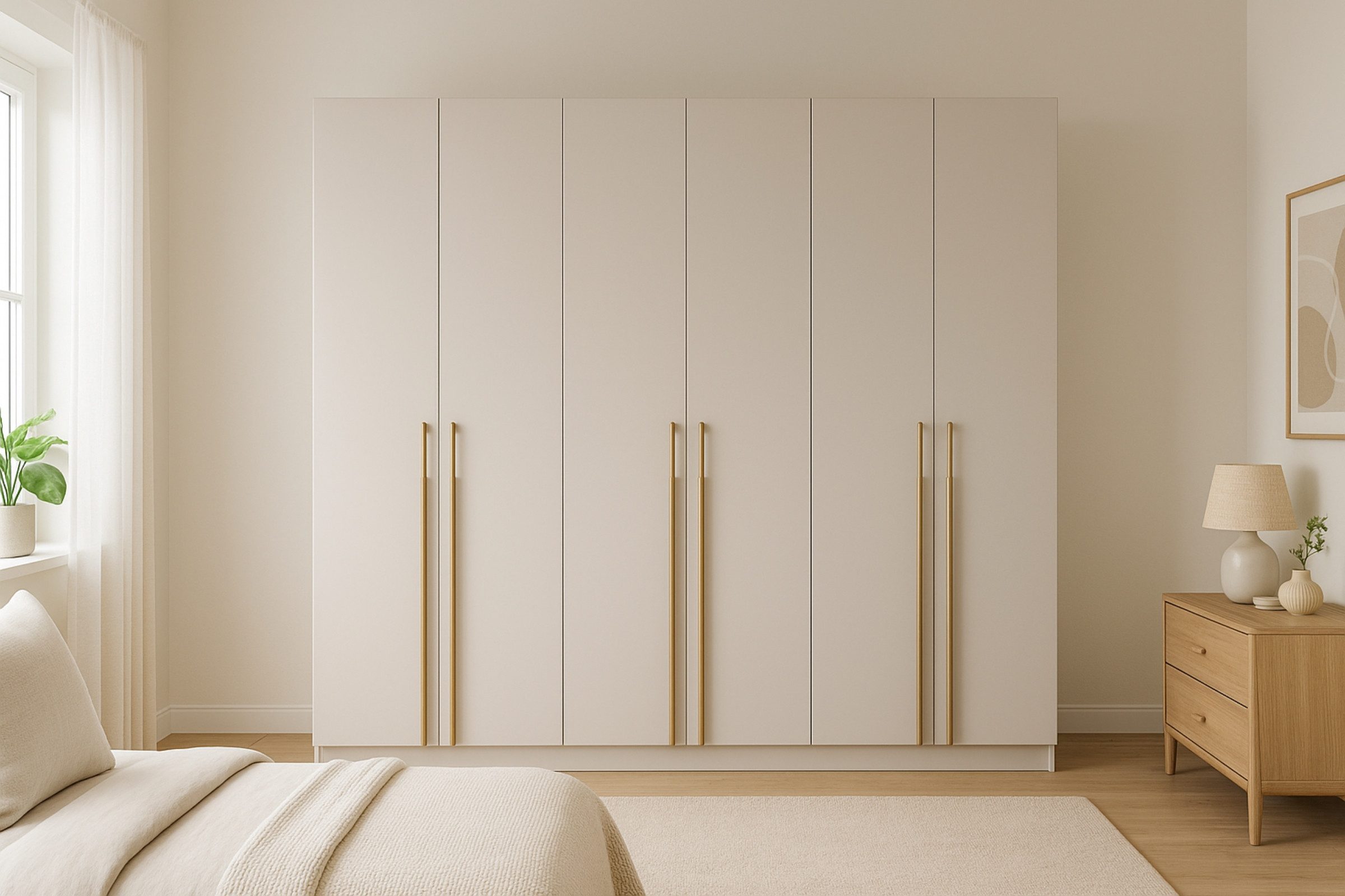 Deine Möbel 24 Kleiderschrank MIRELO 6-türig Drehtürenschrank mit goldfarbenen Griffen 230x210x57 cm (Set, 1-St., Einzelmöbel – frei kombinierbar mit weiteren Möbeln der Serie MIRELO) in Weiß Matt, Schwarz Matt und Cashmere