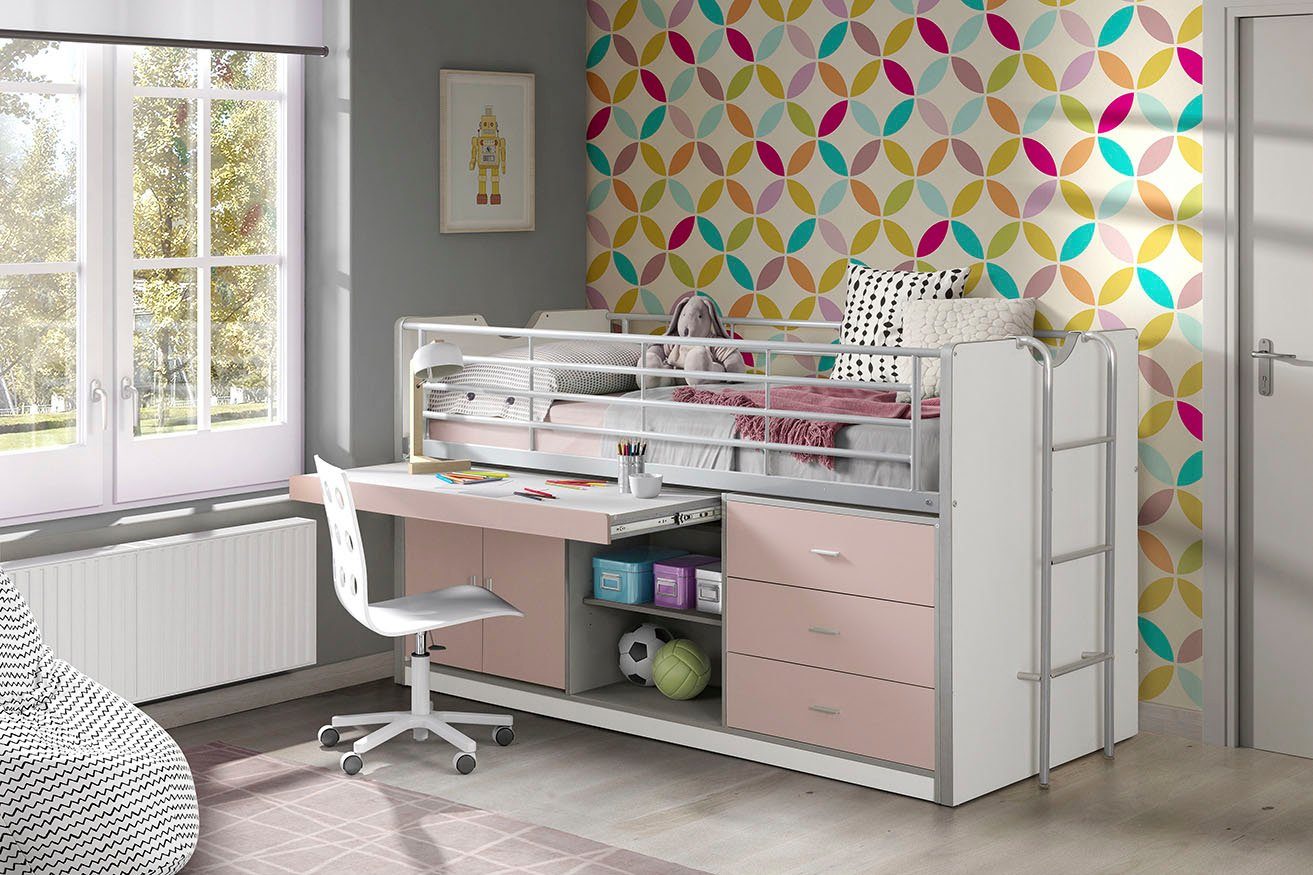 Schreibtisch Stauraum und inklusive Hochbett rosa Bonn Vipack
