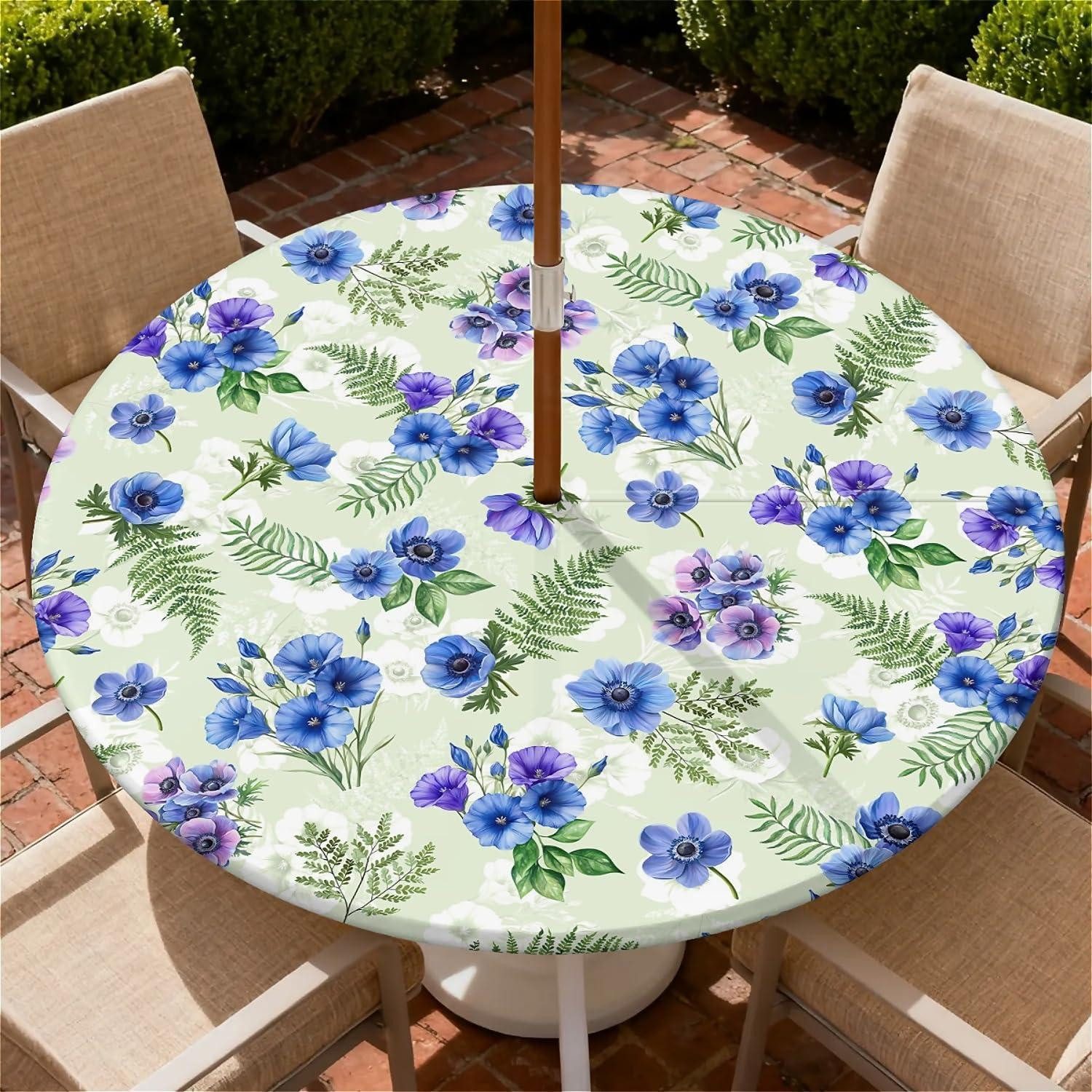 LuxusKollektion Gartentischdecke Runde Tischdecke mit Schirmloch Blauviolette Blüten Ø 150cm (1-tlg)