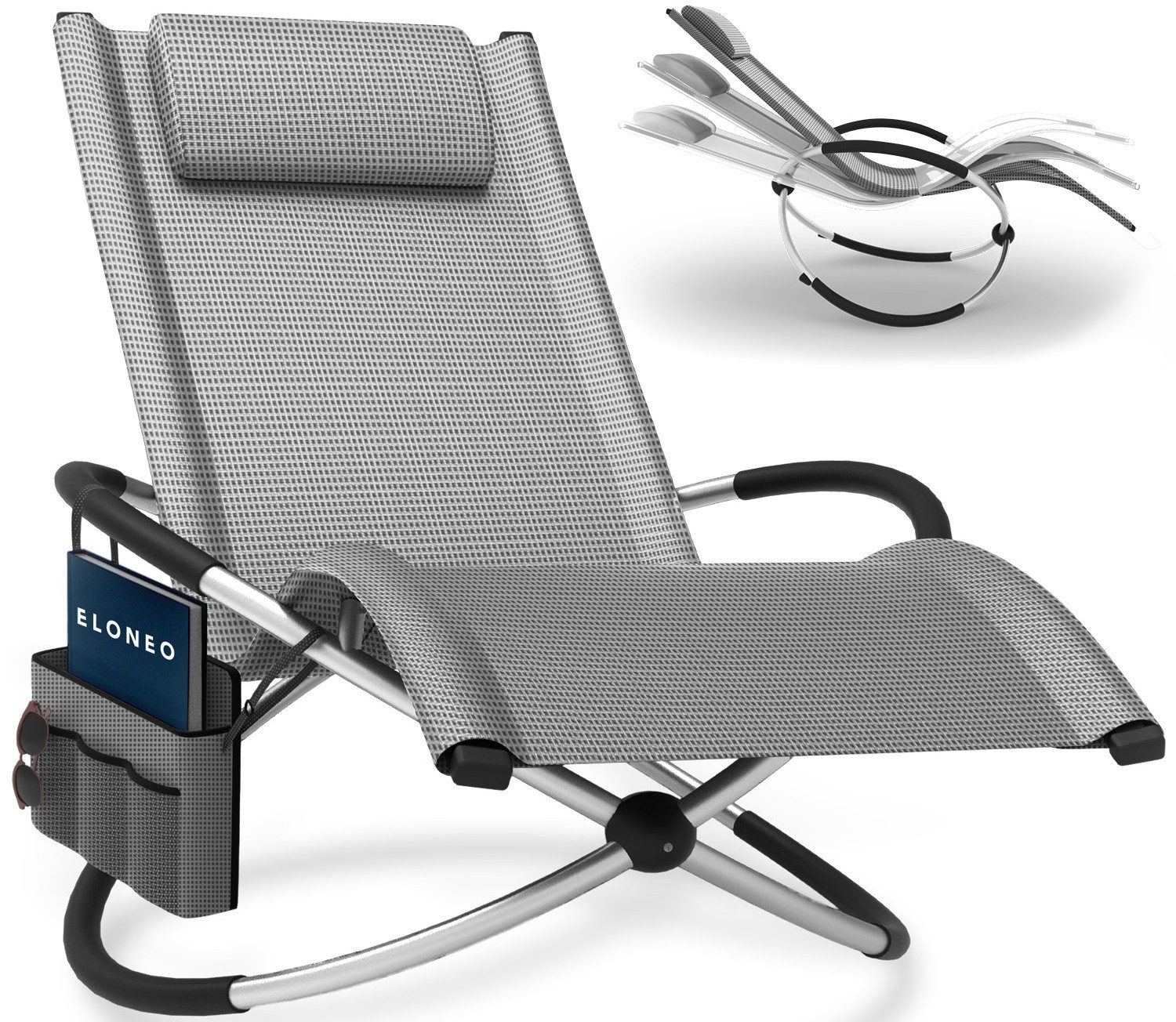 ELONEO Gartenliege Schaukelliege Outdoor mit Tasche, Strandliege klappbar bis 180 kg, Schaukelsessel, Liegestuhl wetterfest, Sonnenliege für Garten & Balkon