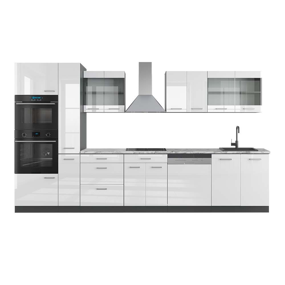 Vicco Küchenzeile R-Line, Weiß Hochglanz/Anthrazit, 350 cm mit Hochschrank, AP Marmor