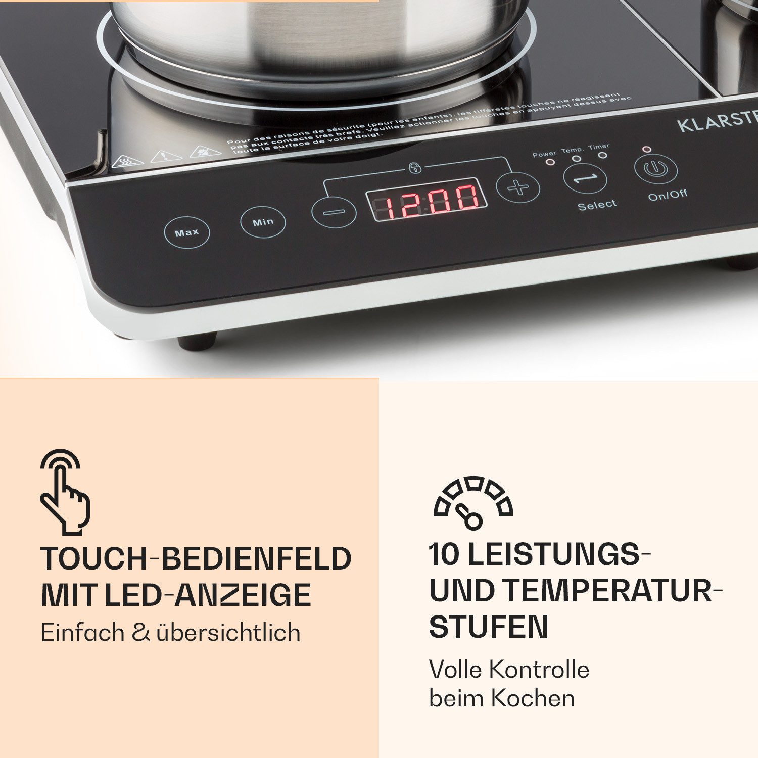 Klarstein Induktions-Kochfeld VariCook Slim Doppel-Induktion 3500W 240°C 10 Stufen Touch Camping 10030684, Doppel Induktionskochplatte 2 Kochfelder Platten Camp – Bild 5 von 5