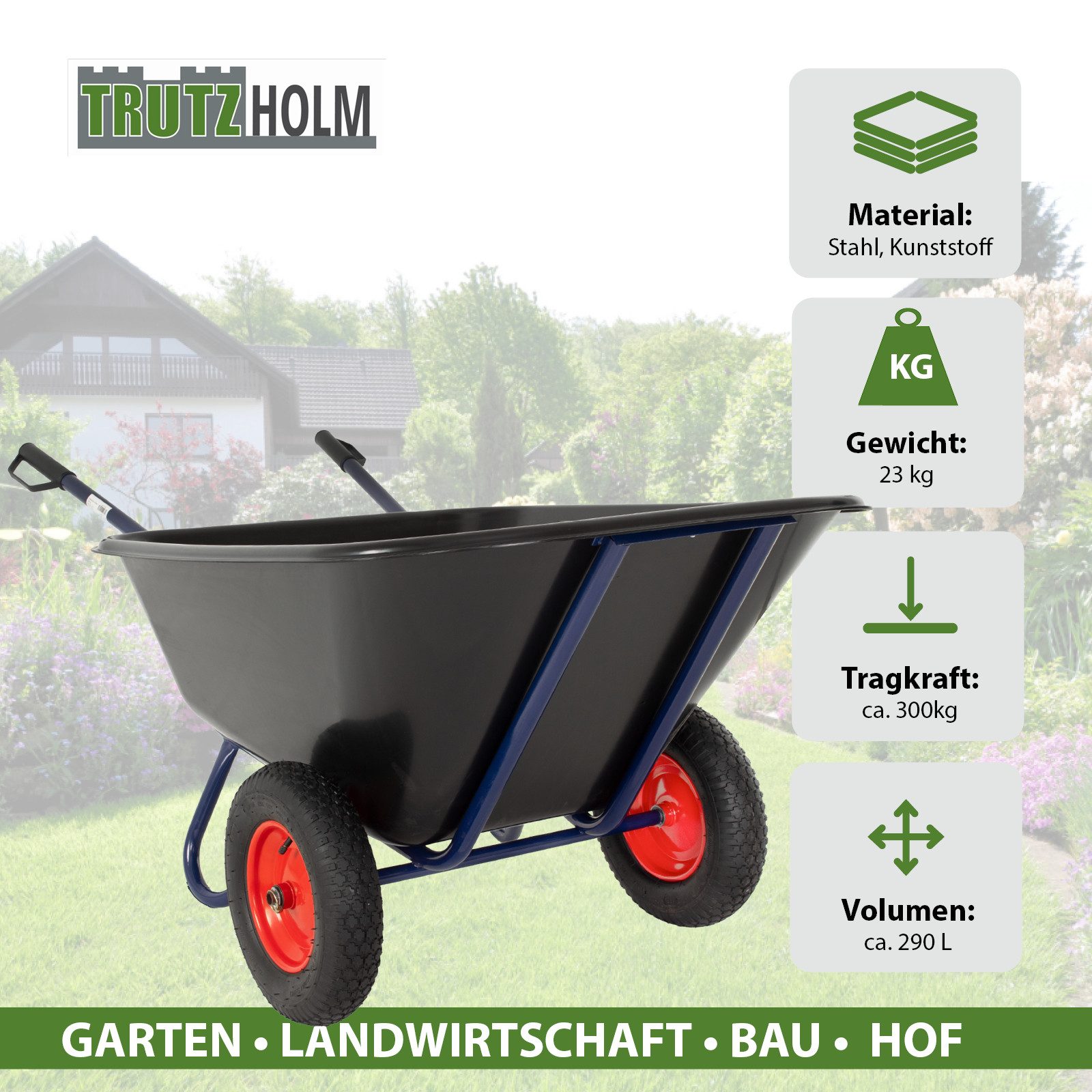 TRUTZHOLM Schubkarre 2-Rad 290 L 300 kg Gartenschubkarre Hofkarre Schiebkarre Futterkarre, (Artikel, 1-tlg), hoheTragfähigkeit