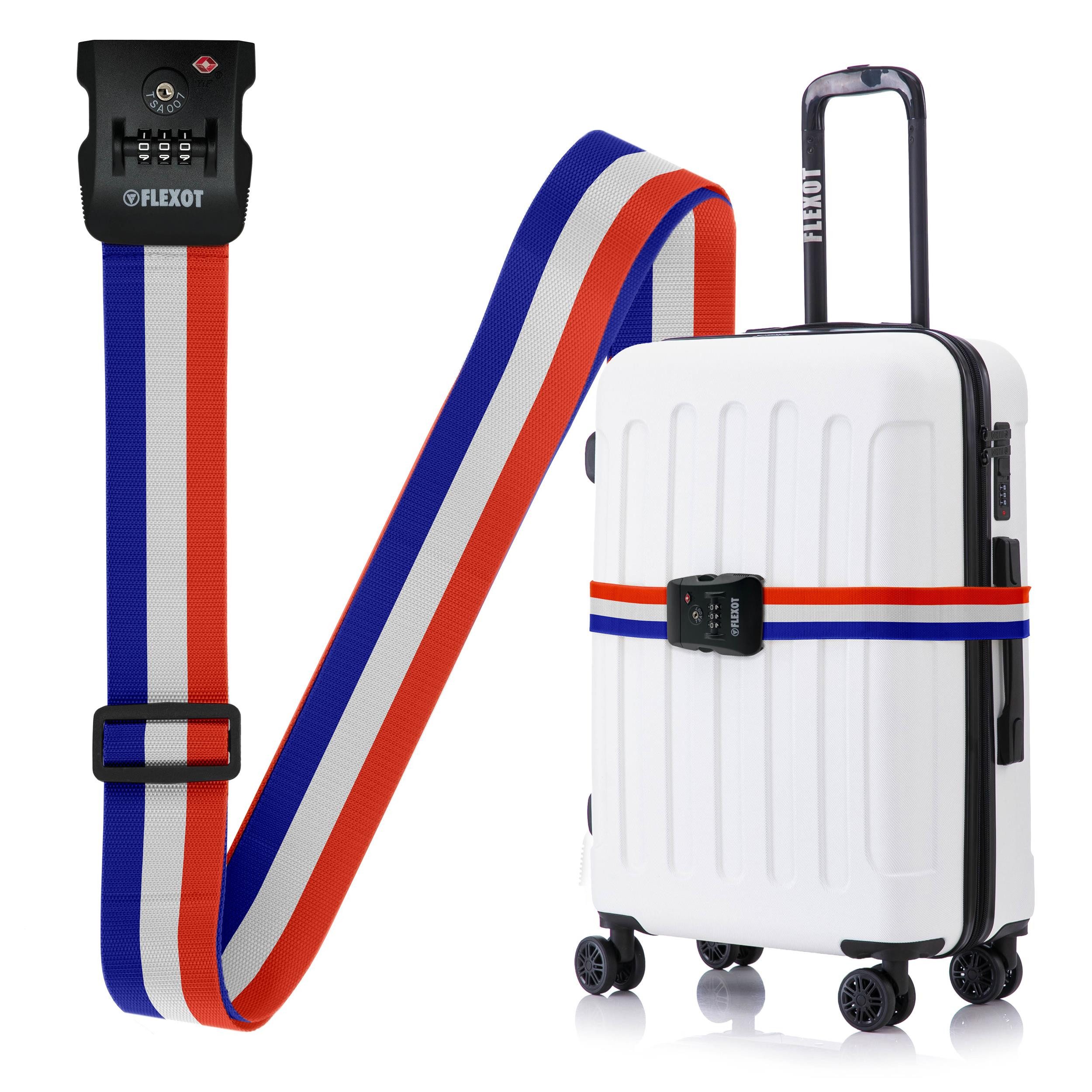 Flexot Koffergurt Koffergurt mit Zahlenschloss & TSA, verstellbare Länge, Namensschild, Flexibel anpassbarer und stabiler Gurt mit praktischer Schnalle