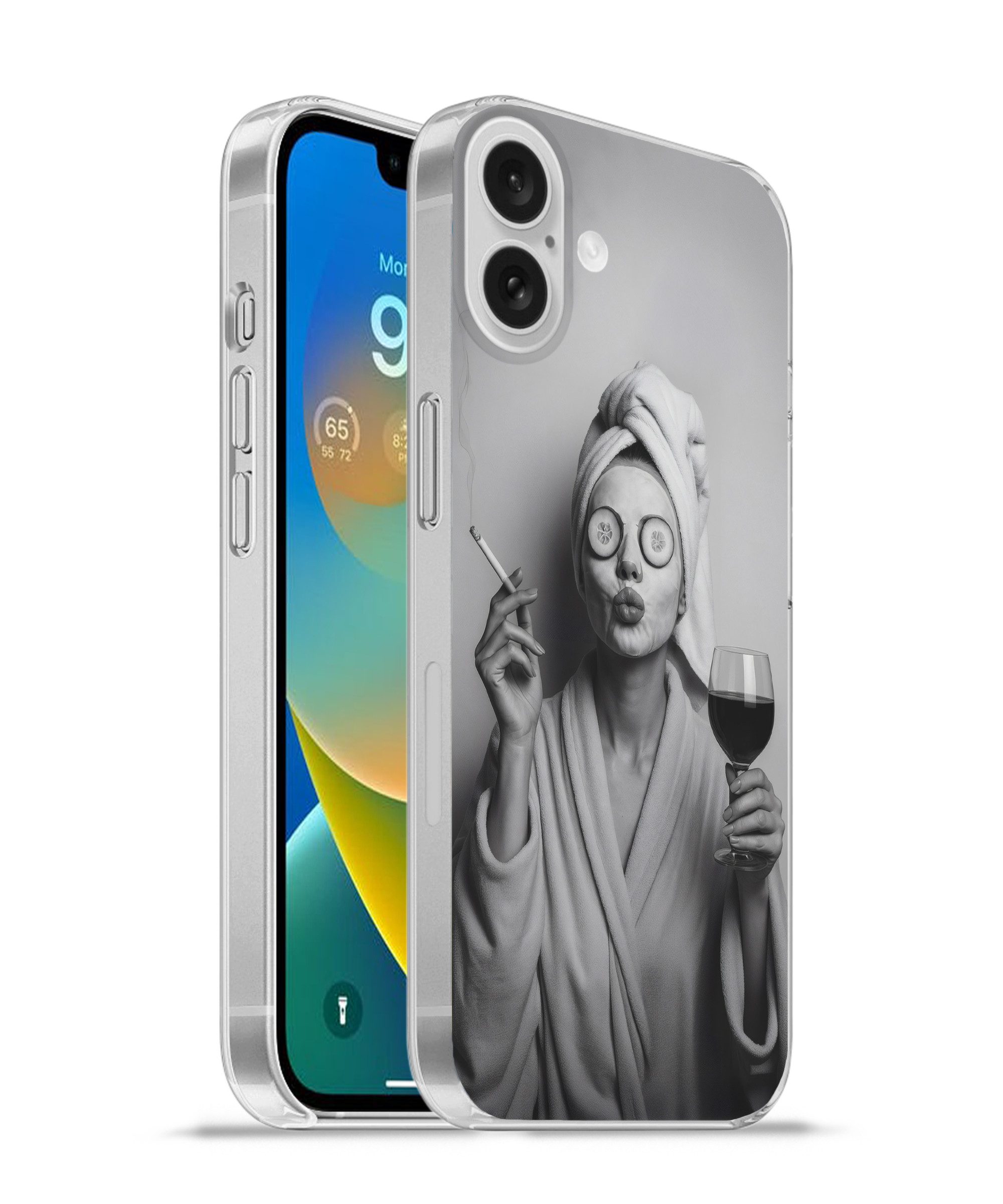 MuchoWow Handyhülle für Apple iPhone 16 Plus Frau - Maske - Wein - Zigarette, Smartphone-Bumper, Print, Handy Schutzhülle Dünn