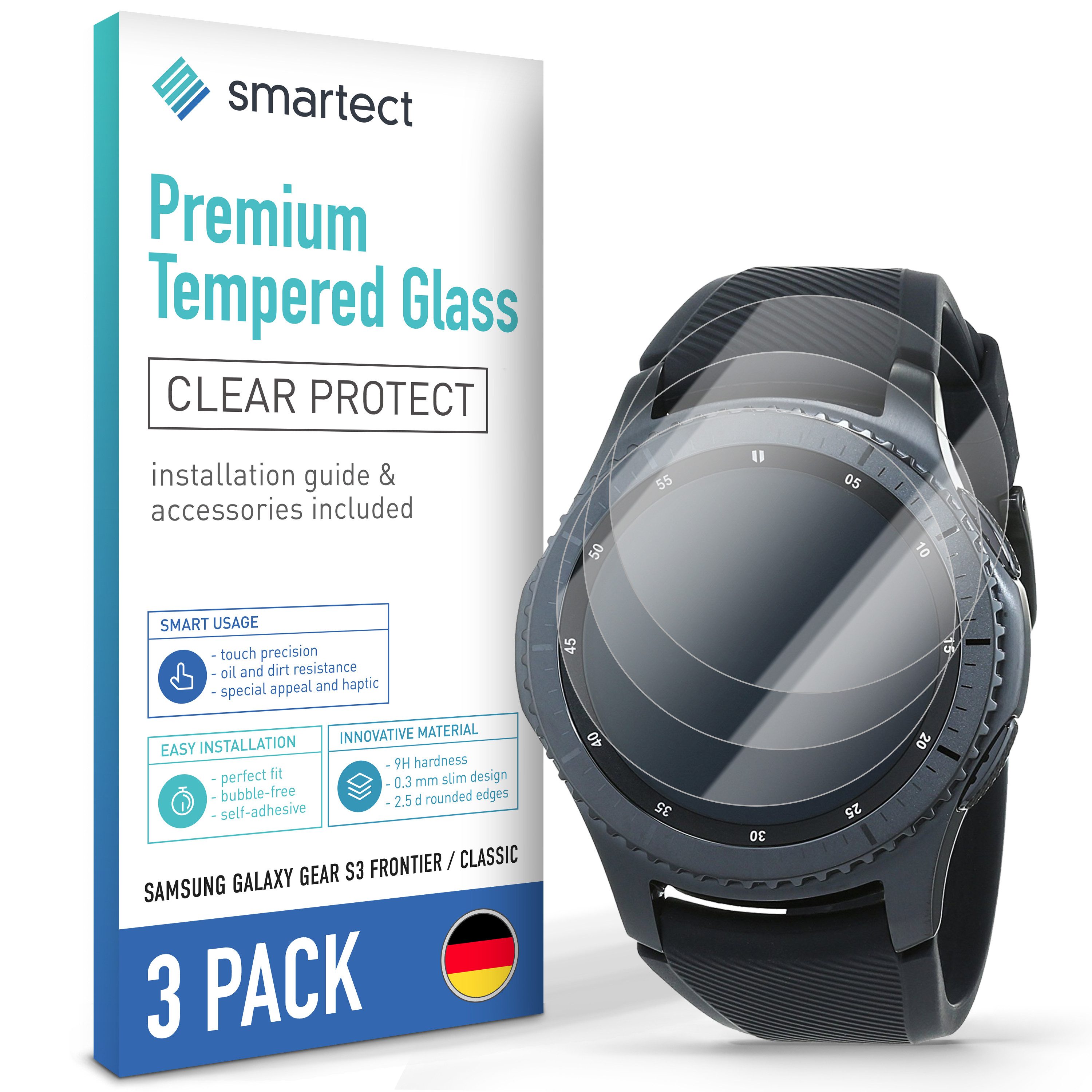 smartect Displayschutzglas 3X Schutzglas Panzerfolie für Samsung Galaxy Gear S3 Frontier/ Classic für Samsung Galaxy Gear S3 Frontier / Classic, Set, 3 Stück, 0.3 mm Ultra-klar, 9H Härte, Kratzfest, Stoßfest, Blasenfrei, Oleophob