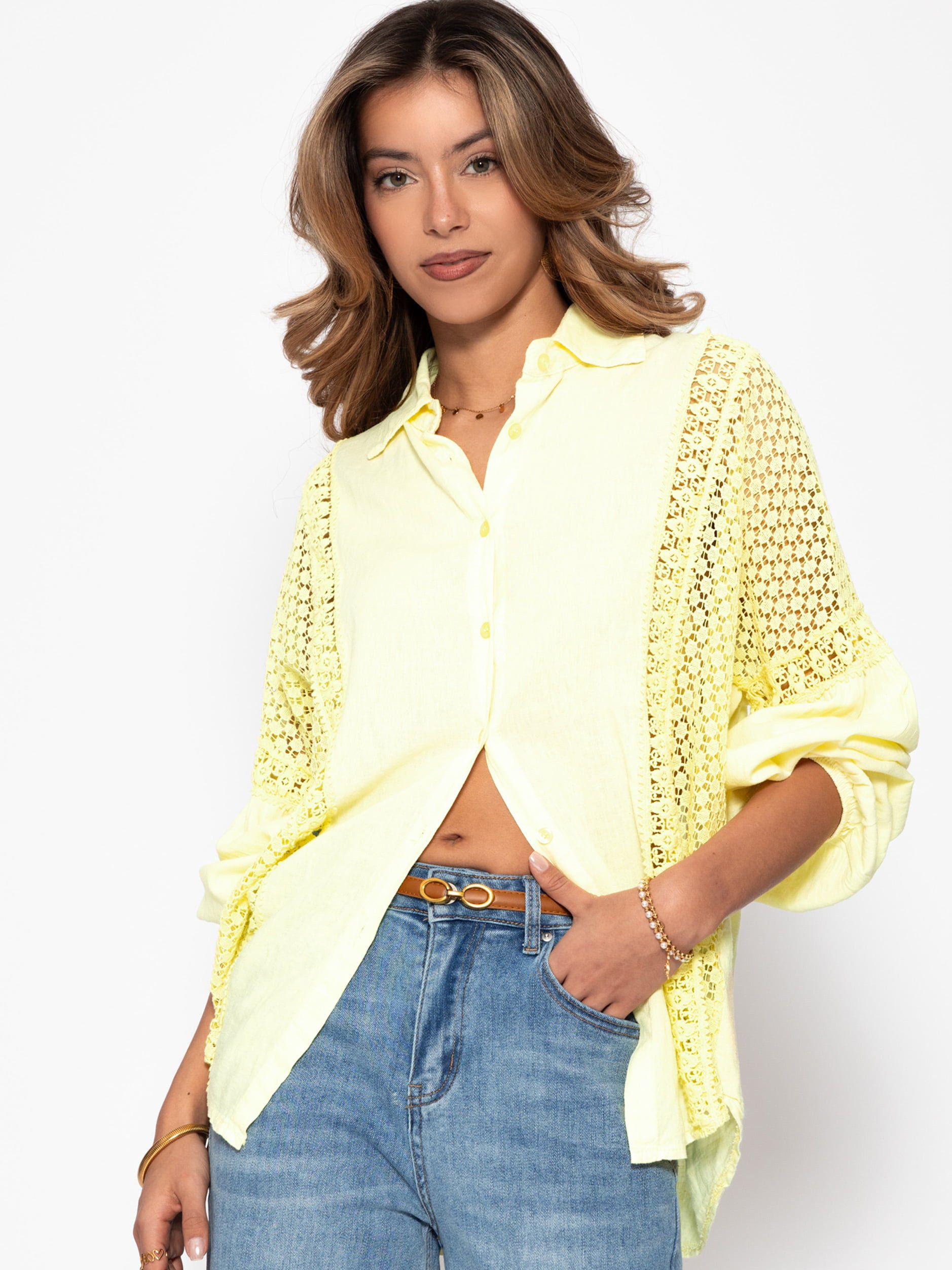 SASSYCLASSY Langarmbluse Leinen Bluse Damen mit Spitzeneinsätzen Oversize B günstig online kaufen