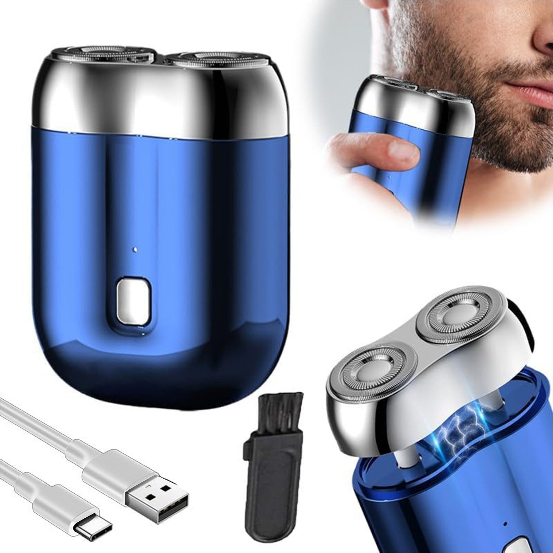 Senmudi Elektrorasierer Mini Taschenrasierer, USB Minirasierer für Männer, IPX6 wasserdichter Elektrorasierer, tragbarer Mini Elektrorasierer, Aufsätze: 1, integrierter Präzisionstrimmer, mit Doppelkopf (Blau),mini Portable Electric Shaver, für Zuhause, Auto, Reisen